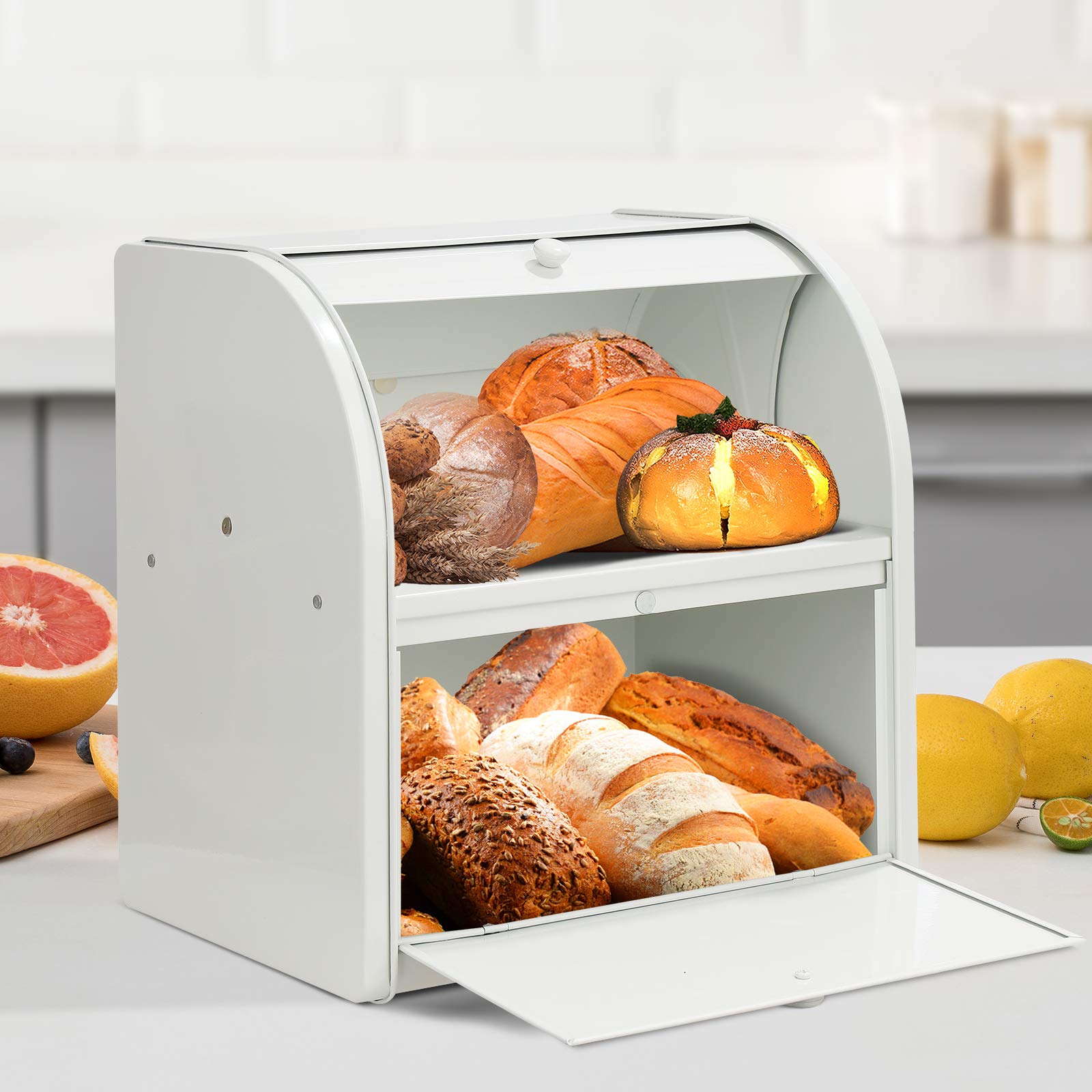 Olebes Bread Box, Metal Bread Box For Kitchen Countertop, Bread Storage Container Holds 2 Loaves Of Bread, High Capacity Breadbo