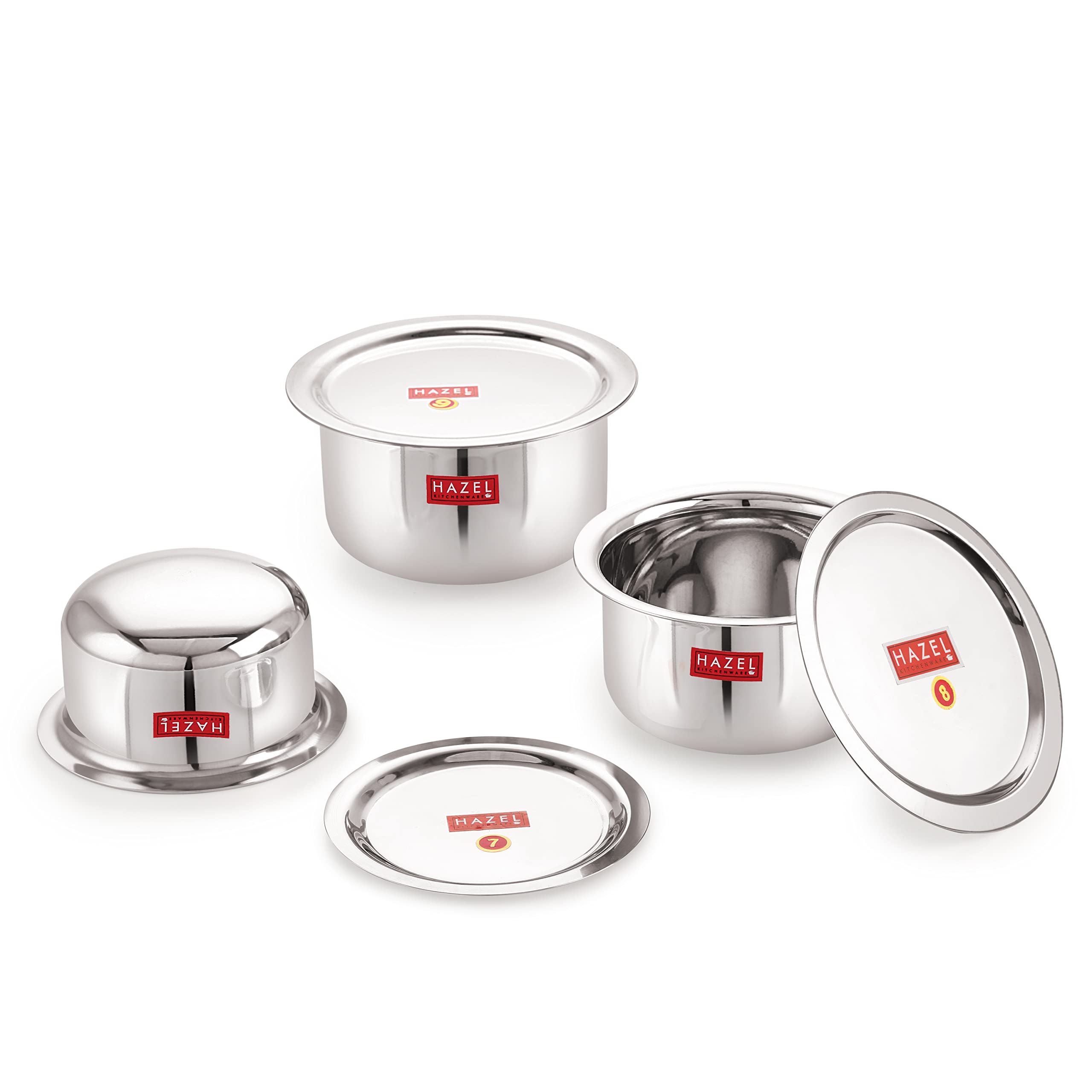 Hazel Steel Tope Set With Lid Set Of 3 | 300Ml, 350Ml & 800Ml Utensils Set For Kitchen | Round Bottom Bhagona Vessels For Boilin