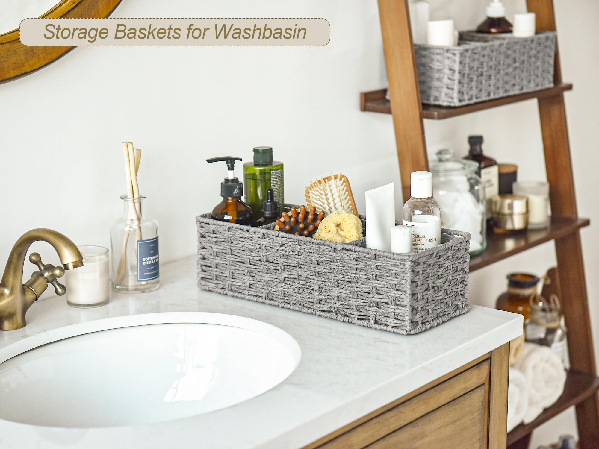 StorageWorks 3-Section Wicker Baskets for Shelves  Hand-Woven Round Paper Rope Storage Baskets  Gray  2-Pack