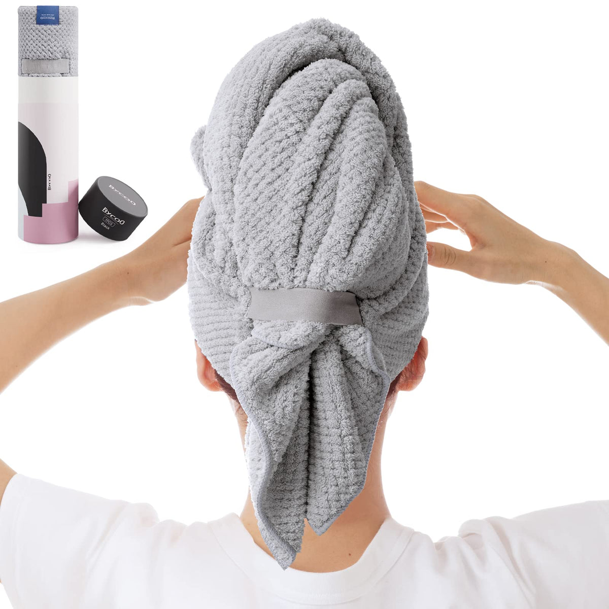 BYCOO Large Microfiber Hair Towel Wrap for Women, Anti Frizz Hair Drying Towel with Elastic Strap, Fast Dry | Super Absorbent |