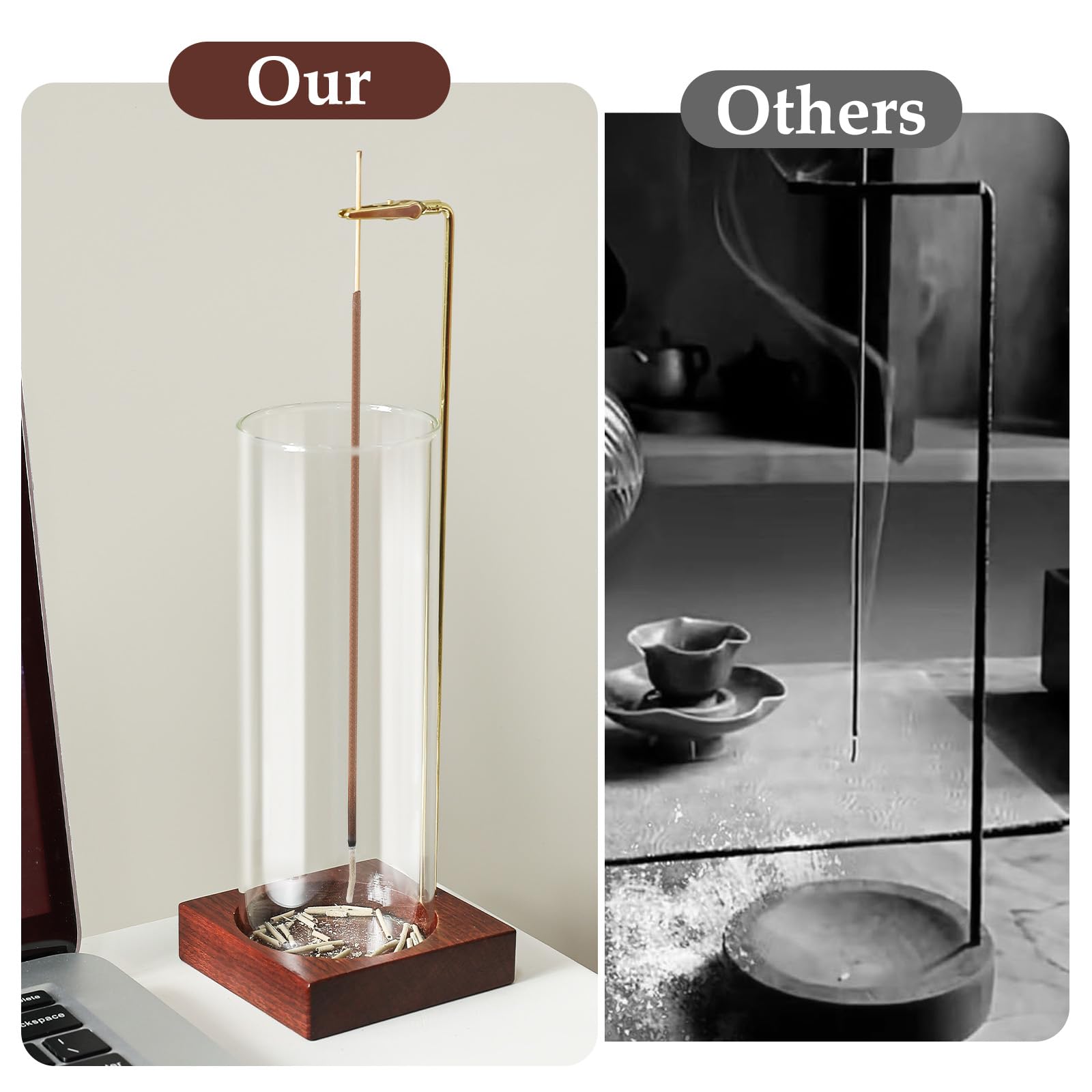 MACUSOO 2pcs Incense Holder,Wooden Incense Holder for Sticks with 20 Incense Sticks, Anti-ash Incense Burner with Glass Ash Catc