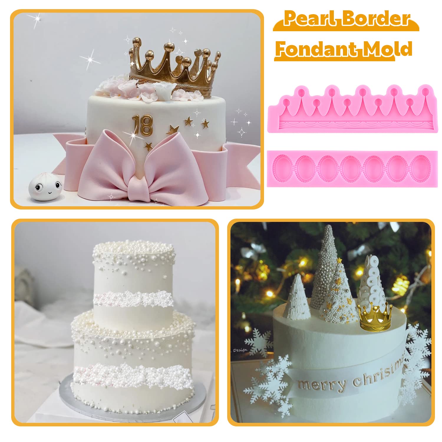 Mypracs Pearl Fondant Molds Round Pearl Chain Silicone Mold Pearls Bubbles Mold Crown Mold For Cake Decorating Cupcake Topper Ca