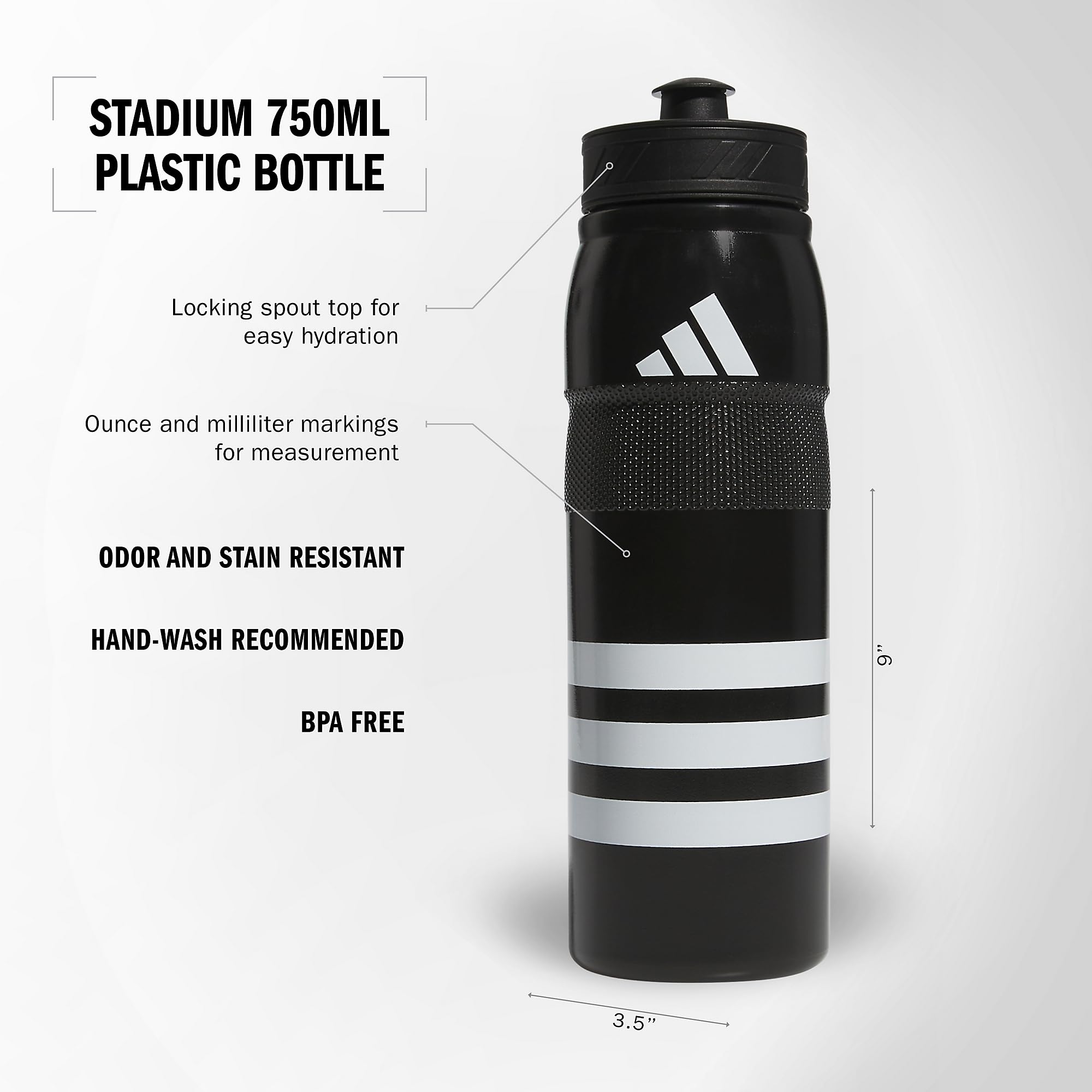 Adidas 750 Ml (28 Oz) Stadium Refillable Plastic Sport Water Bottle, Black/White/Black/2, One Size