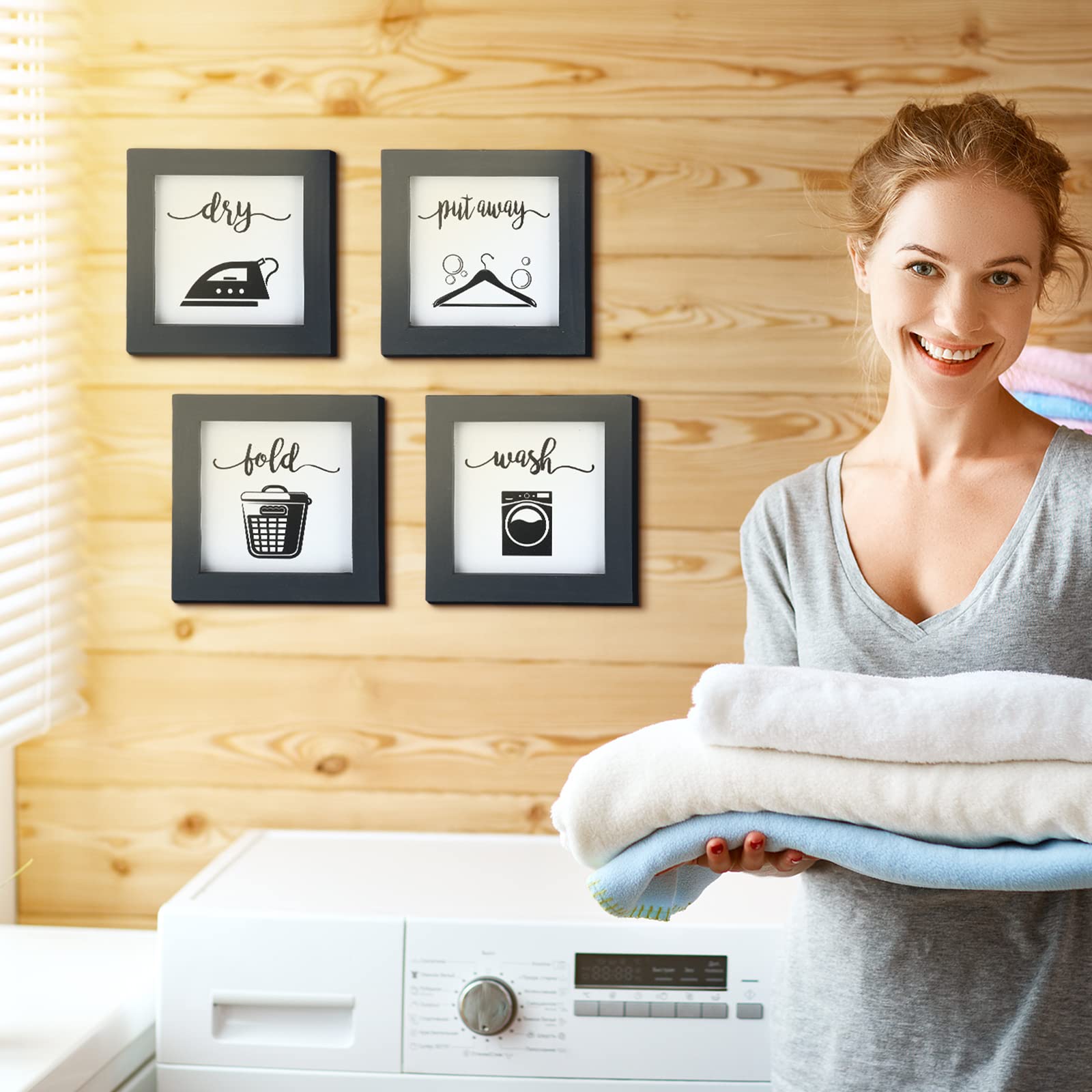 Laundry Sign Set of 4 Rustic Handmade Wood Wash Dry Fold Put Away Laundry Signs Wall Decor Wall Hanging Art Decor Wood Signs for