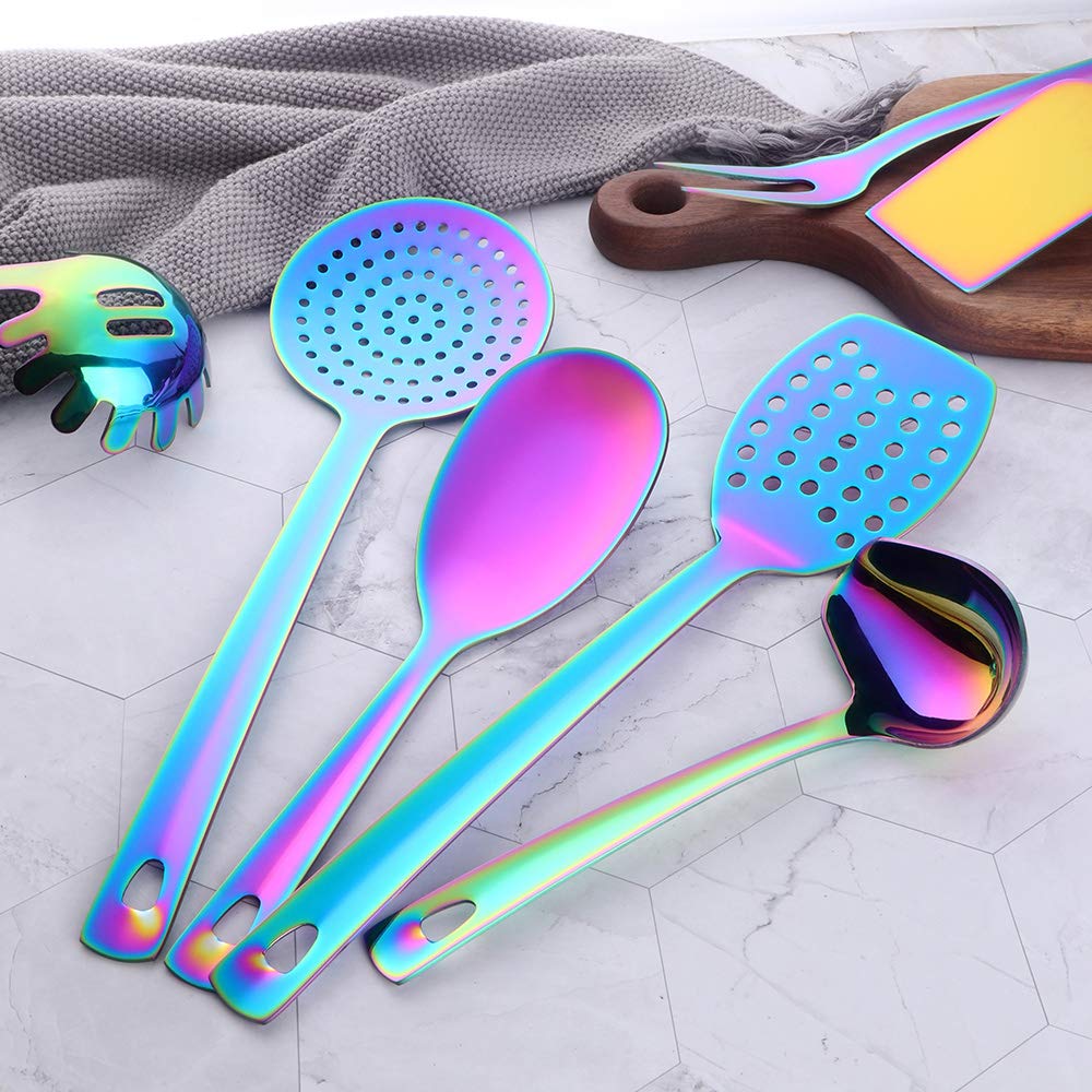 Qiboorun Stainless Steel Kitchen Utensil Set -8 Cooking Utensils, Colorful Titanium Plated Set Kitchen Tools Gadgets Cake Shovel