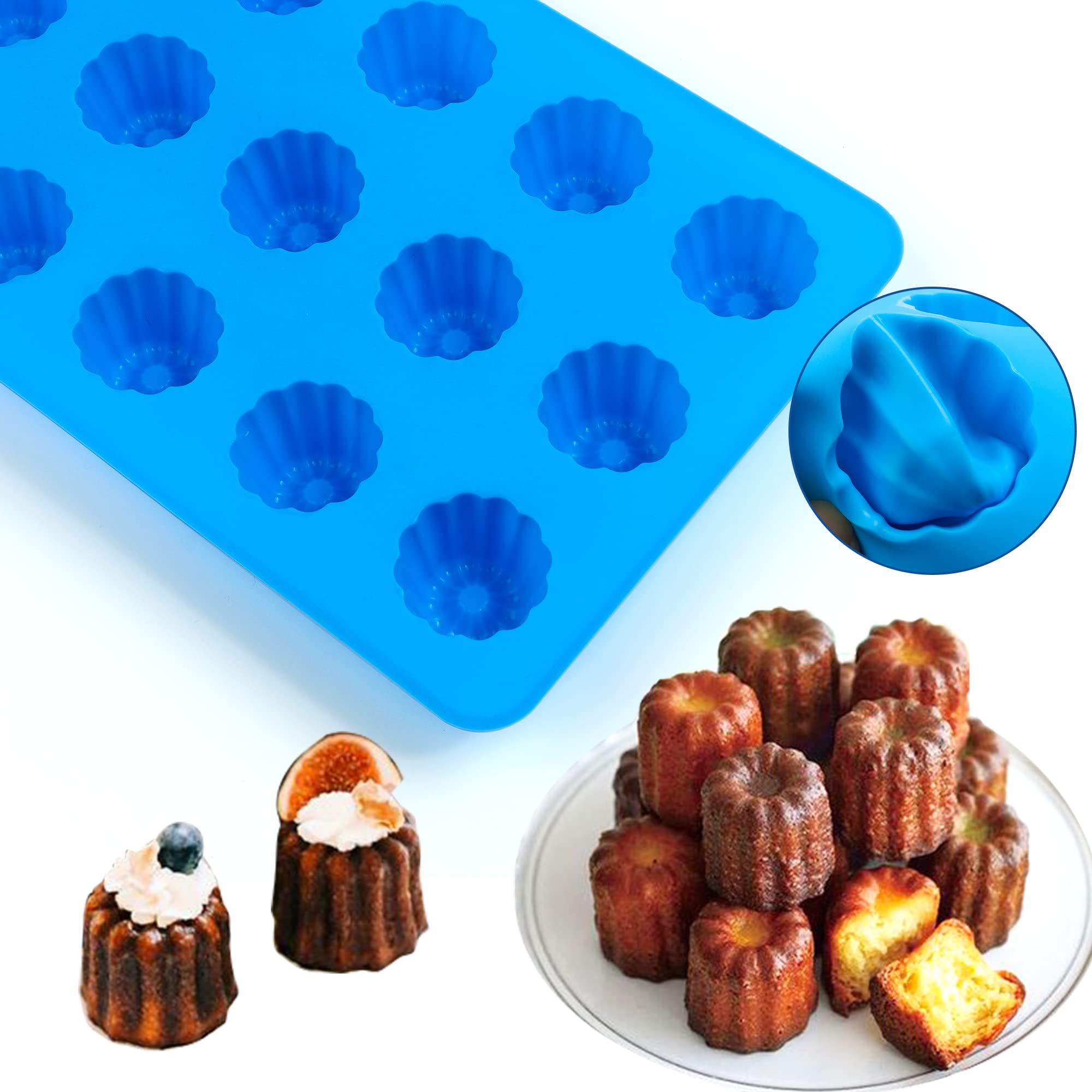 Sidosir 2Pcs Canele Mold Silicone, 15-Cavity Mini Nonstick Canele Silicone Baking Cake Pan For Bread Muffin (15-Cavity)
