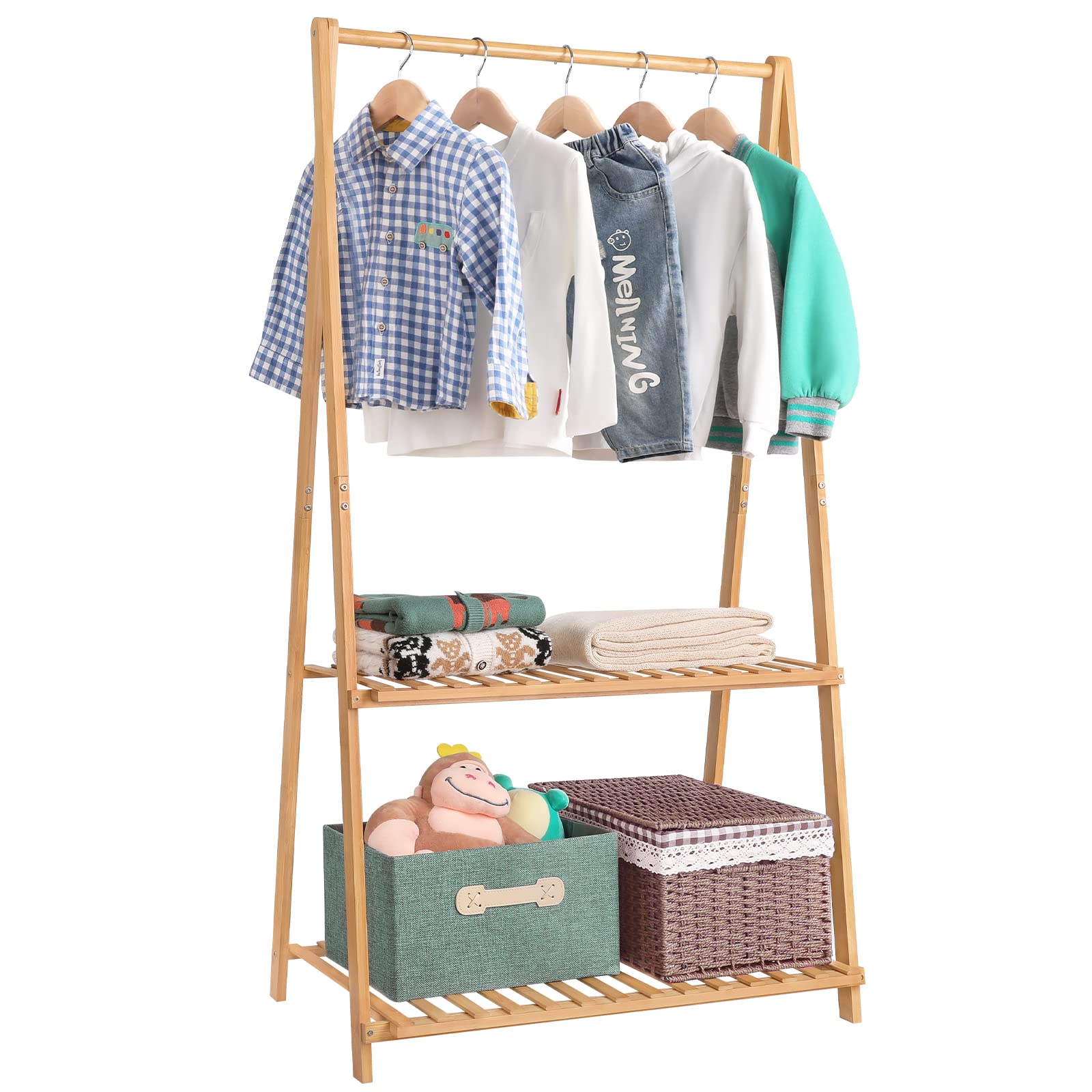 Jotsport Small Clothes Rack Kids Dress Up Storage For Playroom, Toddlers Bedroom, Bamboo Child Garment Rack With 2 Tier Storage