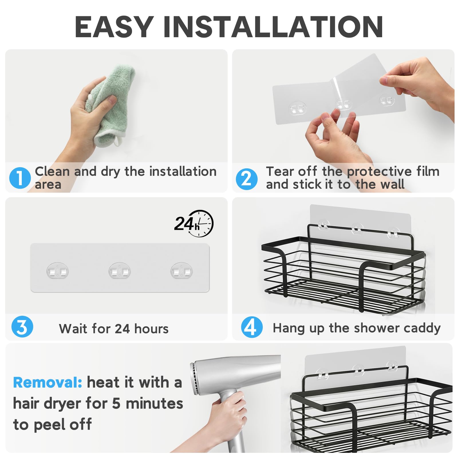 Feptuase 20 Pack Shower Caddy Adhesive Replacement, Transparent Strong Adhesive Hooks, No Drilling, Waterproof Wall Hooks For Sh