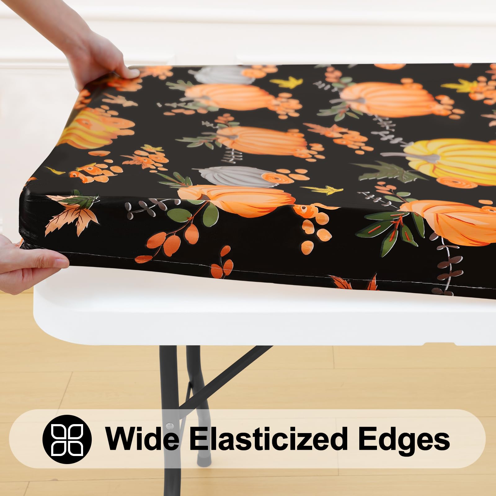 Smiry Plastic Thanksgiving Tablecloth, Pumpkin Waterproof Elastic Fitted Table Covers for 8 Foot Tables, Wipeable Flannel Backed