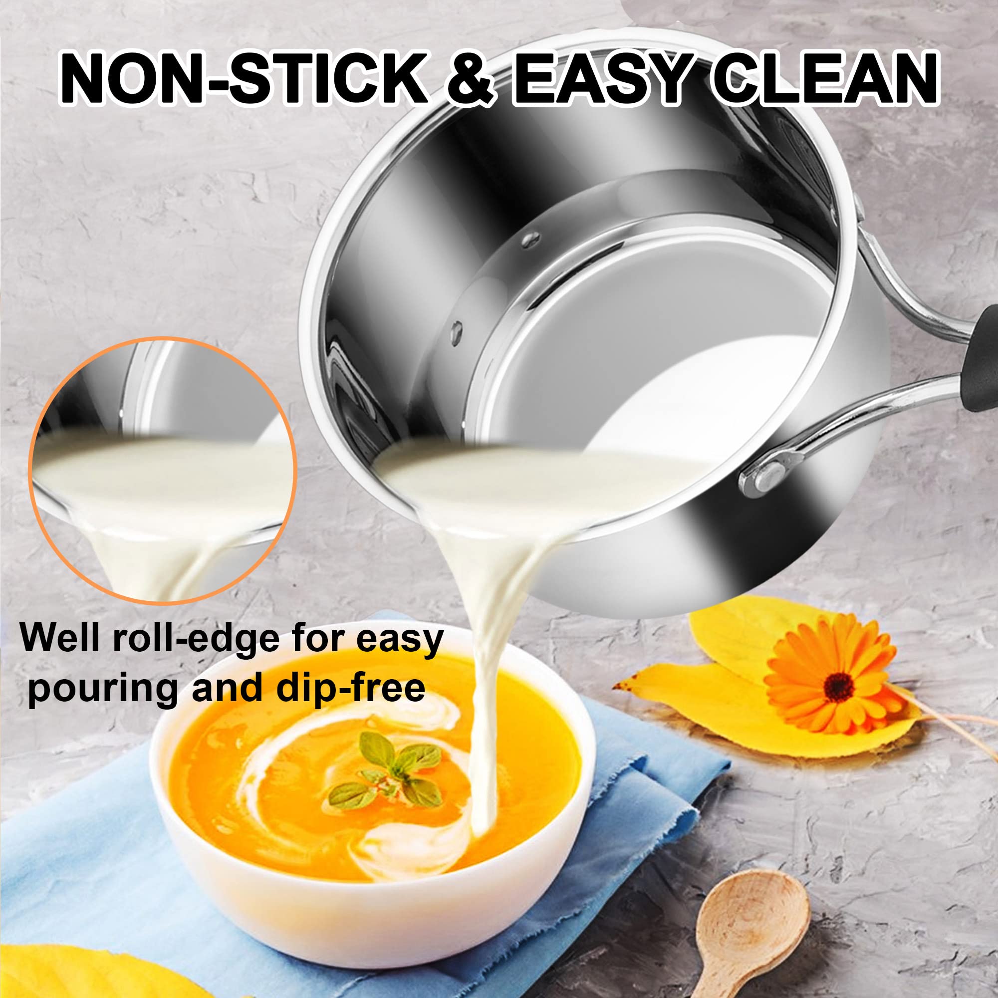 Lianyu 1Qt Saucepan With Lid, 1 Quart Stainless Steel Saucepan, Small Pot Milk Soup Pan For Home Kitchen Restaurant, Long Heatpr