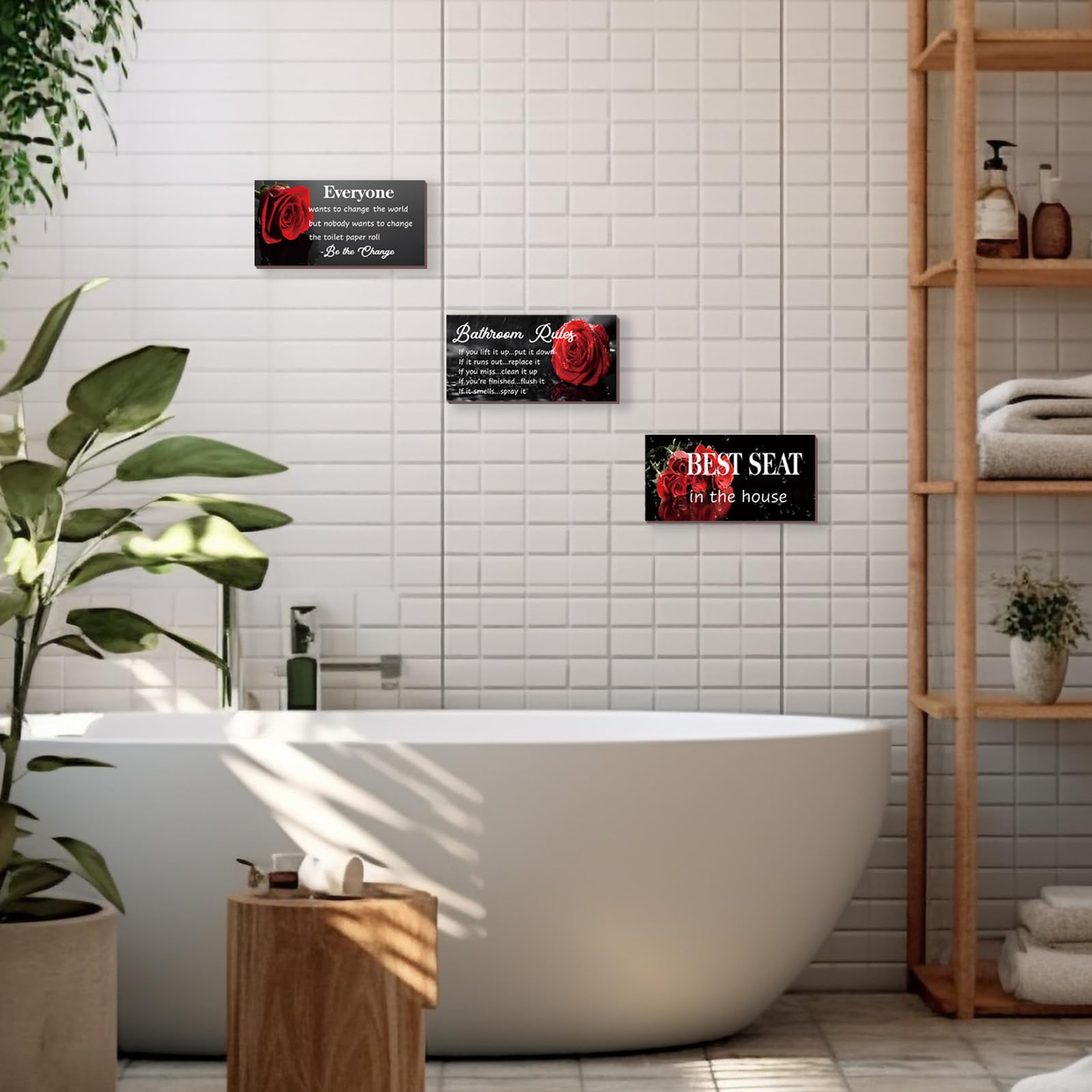 DONFENTHY 3 Pcs Red Bathroom Rules Decor Rustic Farmhouse Wooden Best Seat in The House Rose Hanging Wall Art Toilet Bathroom Ac
