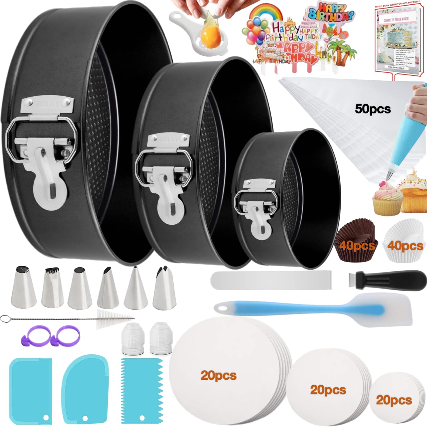 Ruisenlai 260Pcs Cake Pan Set For Baking + Cake Decorating Supplies: 3 Round Non Stick Springform Pan Set (4, 7, 9 Inches), Icin