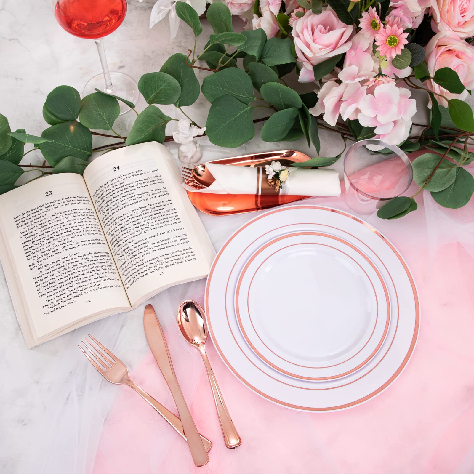 Wellife 350 Pieces Valentines Rose Gold Plastic Dinnerware, 50 Guests Disposable Plates With Rose Gold Silverware And Cups, 50 P