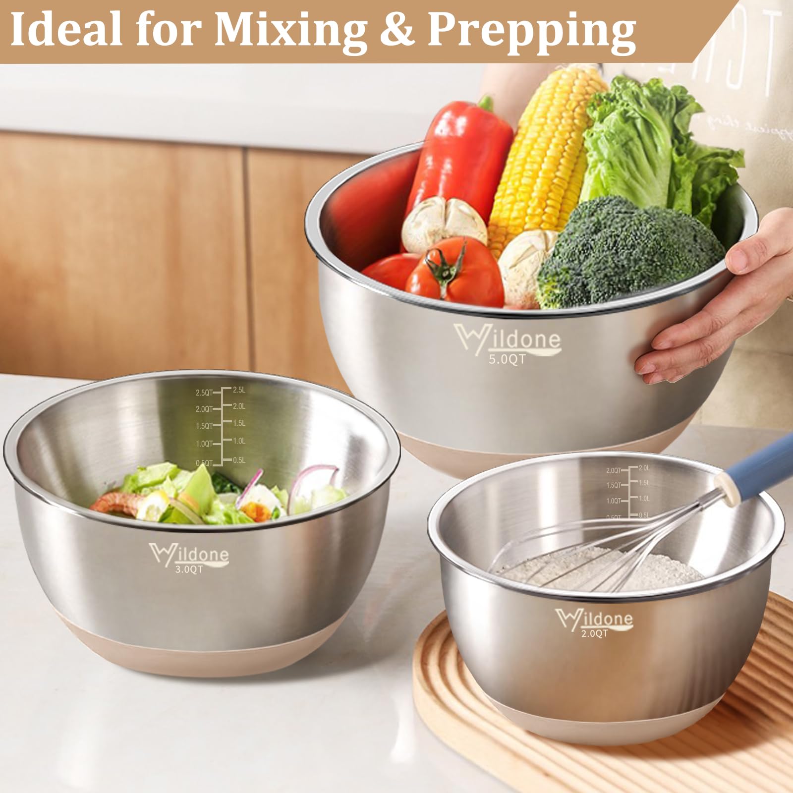 Wildone Mixing Bowls With Airtight Lids, 27 Pcs Stainless Steel Nesting Bowls, With 3 Grater Attachments, Scale Mark & Non-Slip
