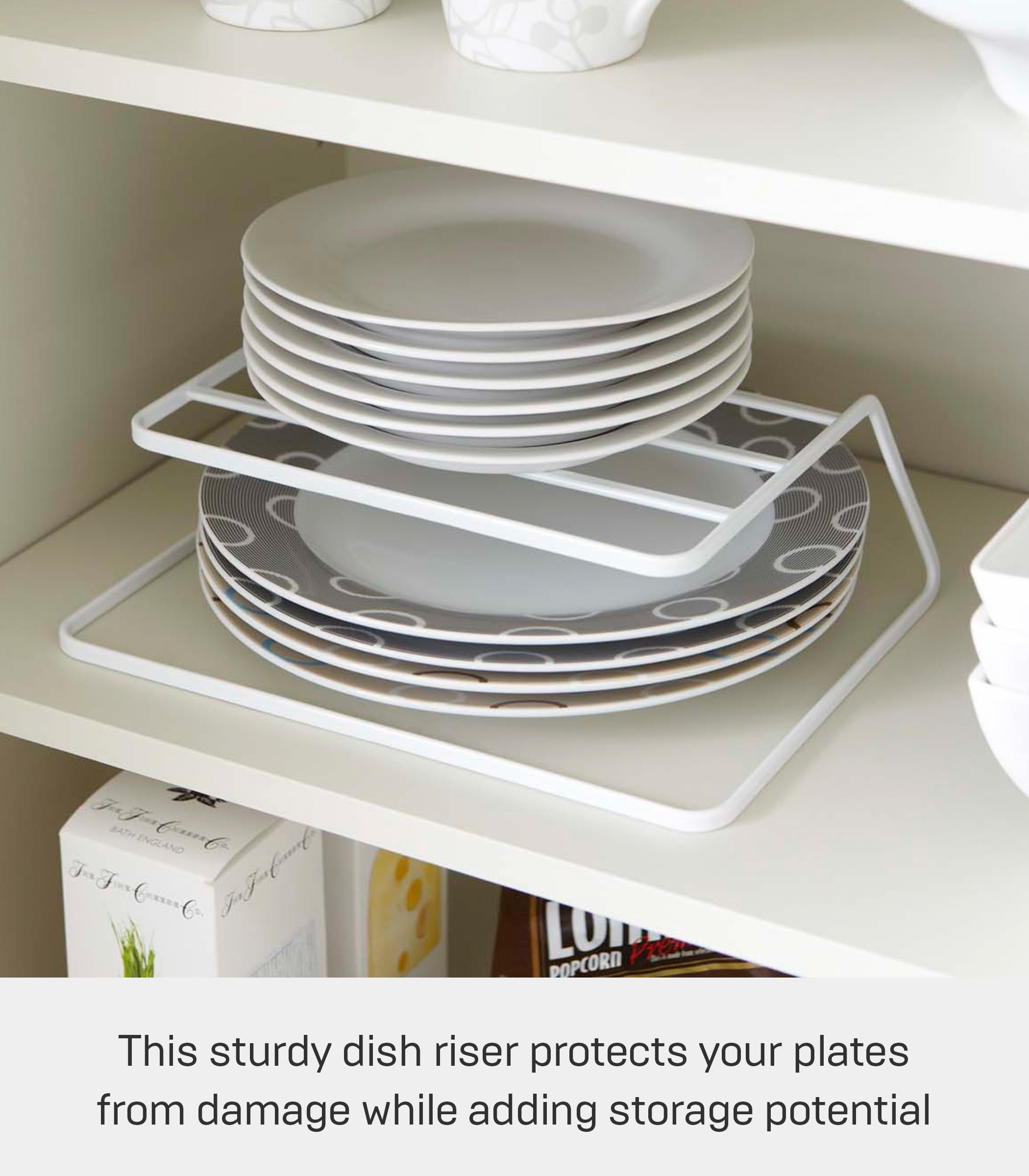 YAMAZAKI Home Tower Dish Riser - Steel Shelf Organizer for Kitchen Cabinets, One Size, White - Model 7488-P