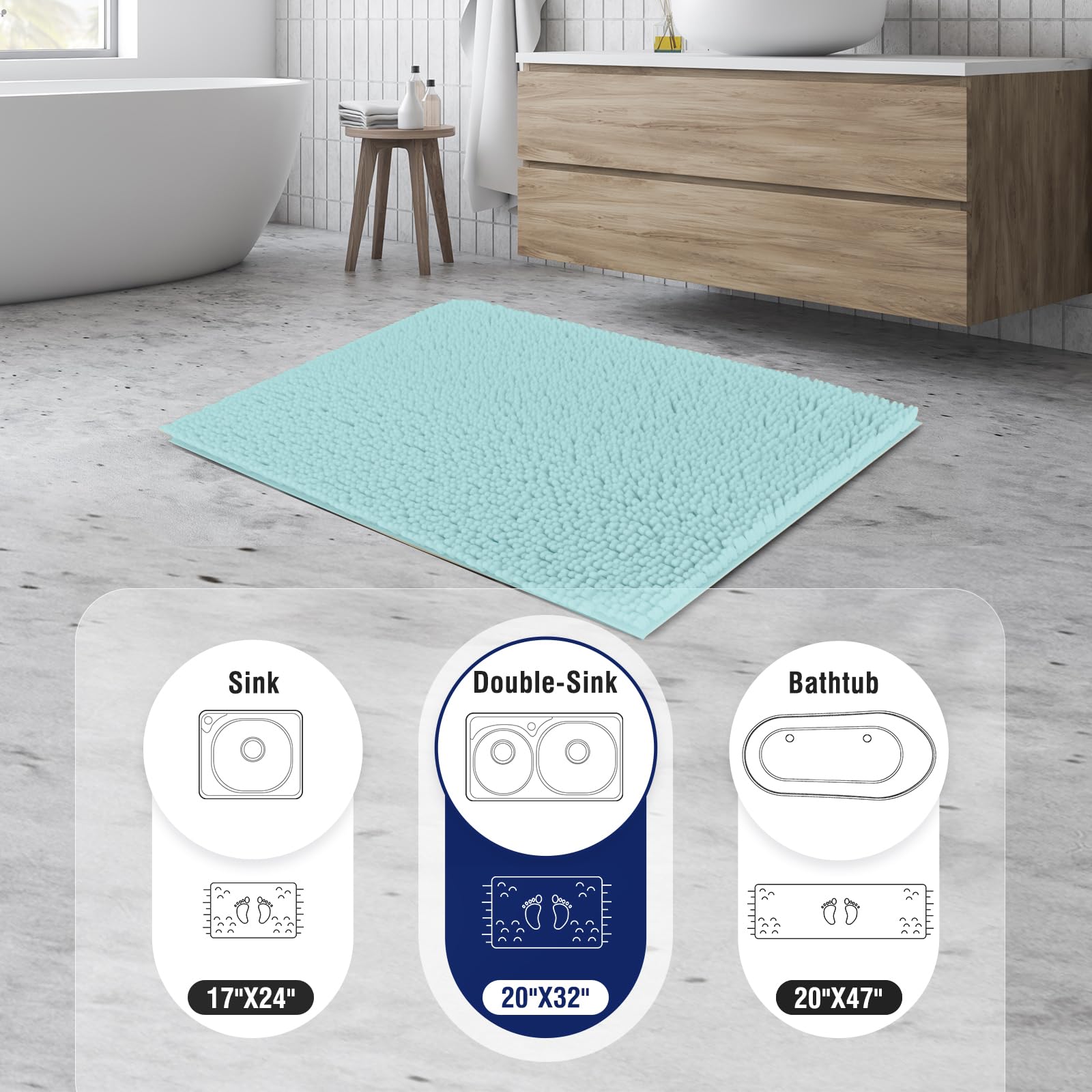 Techmilly Soft Fluffy Chenille Bathroom Rugs, Non Slip Absorbent Bath Mats For Bathroom, Washable And Quick Dry, Light Blue, 20'