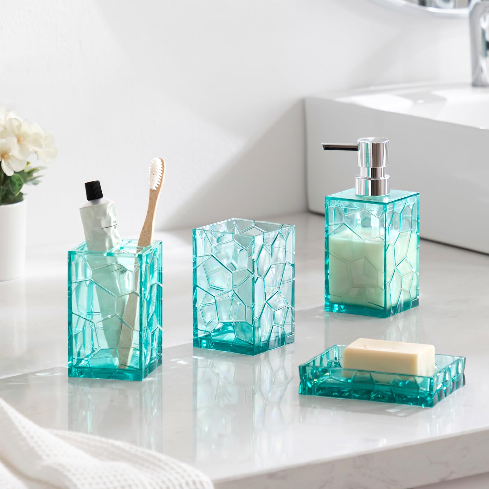 Oyydecor Acrylic Bathroom Accessories Set, 4 Pcs Bathroom Vanity Accessory Set With Tumbler, Soap Dish, Soap Dispenser And Tooth