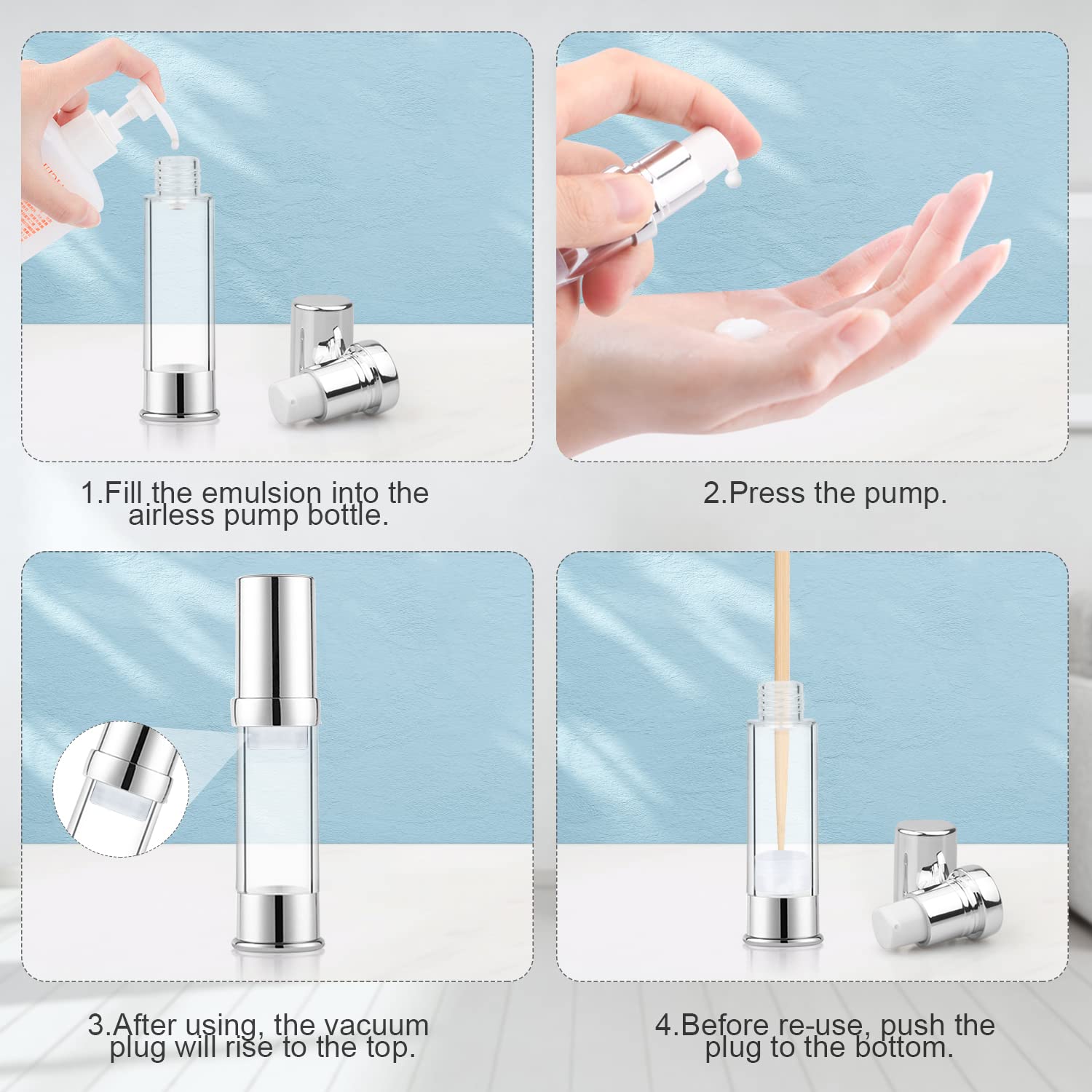 8 Pack 10Ml/0.34Oz Plastic Airless Pump Bottle Refillable Lotion Containers Empty Pump Press Vacuum Dispenser For Travel Cosmeti