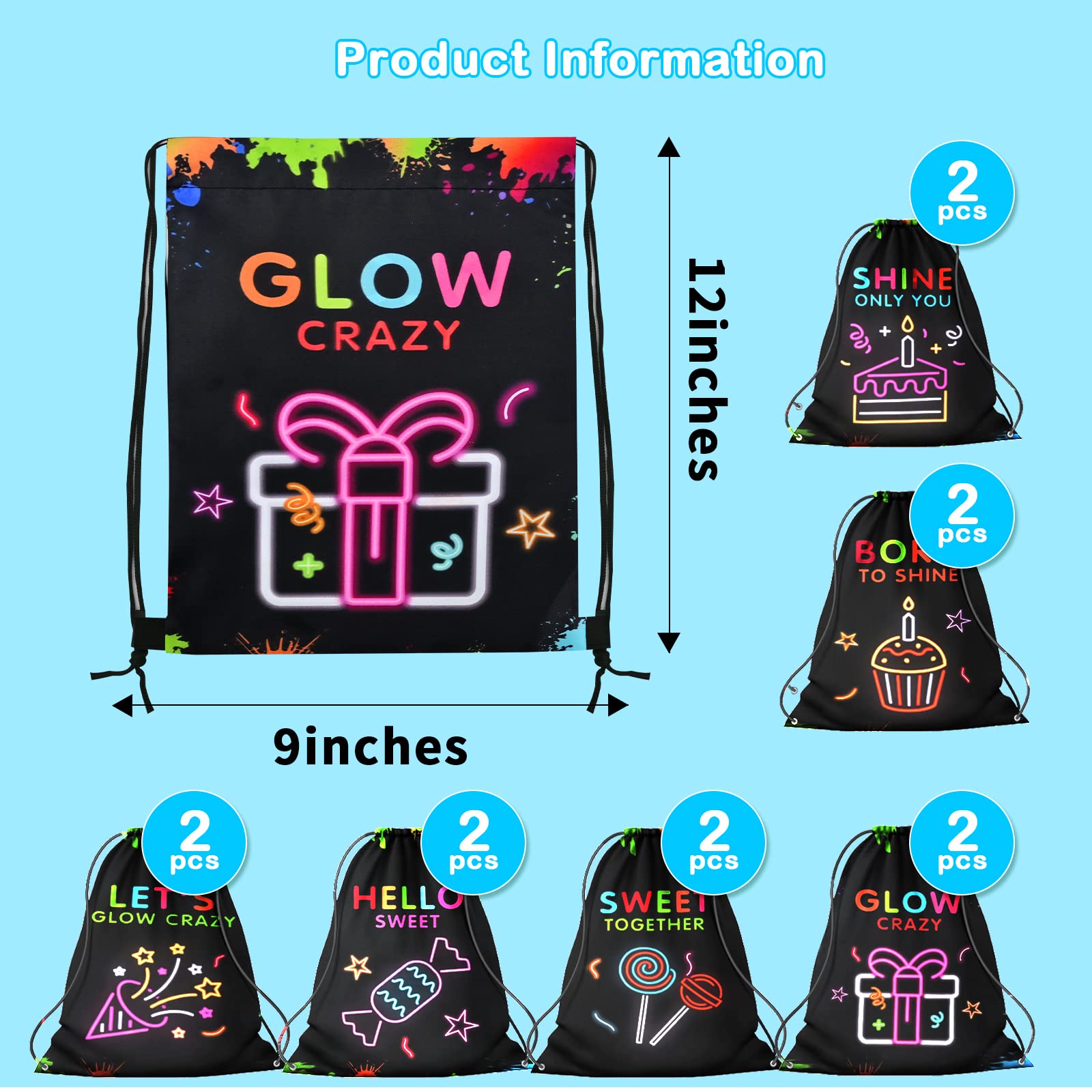 12 Pack Glow Party Supplies Favor Drawstring Bags for Kids' Birthday  Boys Girls Glow Neon Drawstring Backpack Bag as Loot and Goodie bags for Gifts  Treat  Candy  School  Travel or Theme Birthday Party Decorations