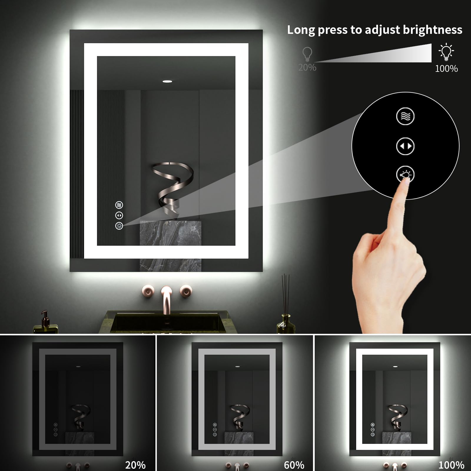 LOAAO 24''X30'' LED Bathroom Mirror with Lights  Anti-Fog  Dimmable  Backlit + Front Lit  Lighted Bathroom Vanity Mirror for Wall  Memory Function  Tempered Glass  ETL Listed