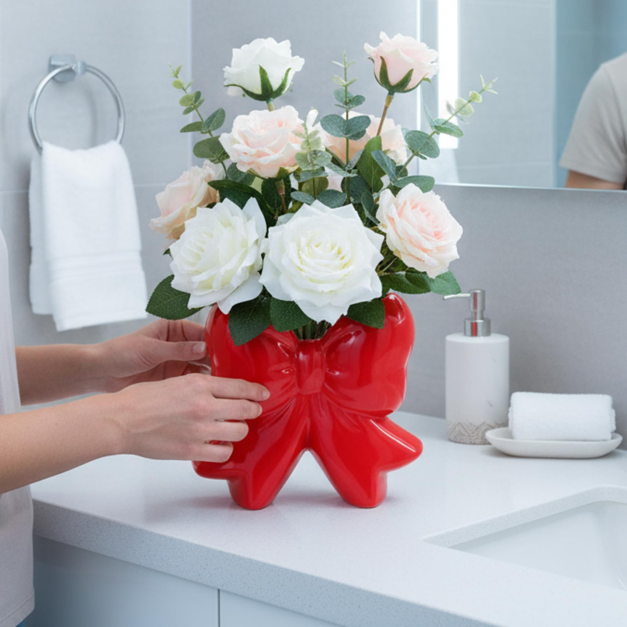 Jingmore Red Bow Vase Coquette Ceramic Vase Pen Holder 4.5 x 1.9 x 4.7 in Makeup Brush Holder Contemporary Design Decorative Wom