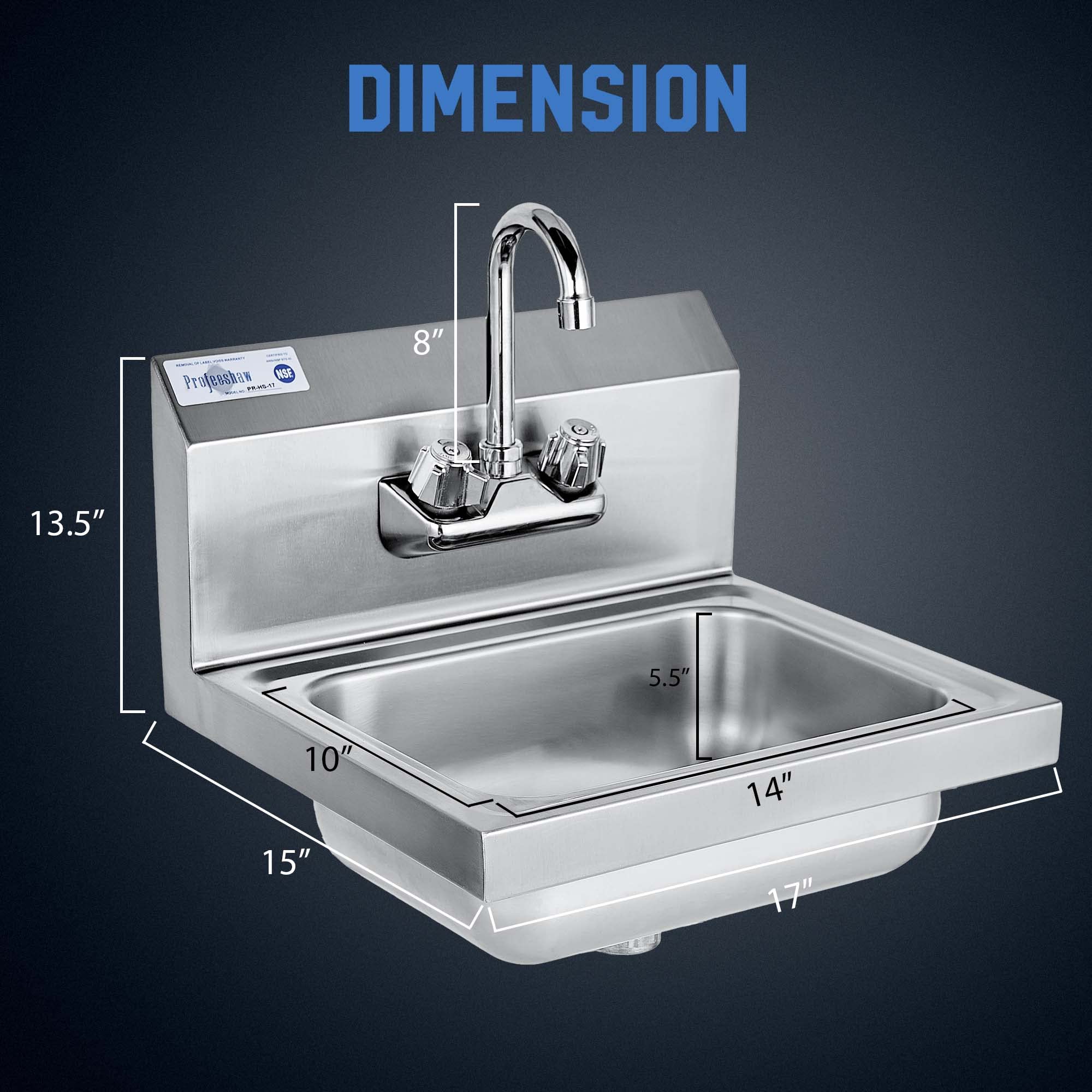 Profeeshaw Stainless Steel Sink Commercial Wall Mount Hand Washing Basin NSF Certified  with Gooseneck Faucet and Backsplash  for Restaurants  Stores  Bars and Home  17'' x 15''