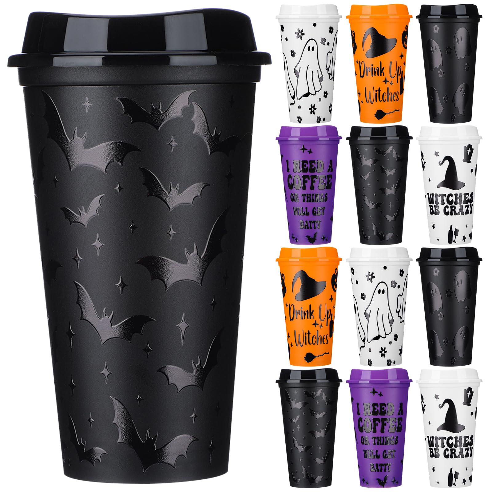 Pickmesh 12 Pack Halloween Witch Themed Coffee Cups 16 oz with Lids