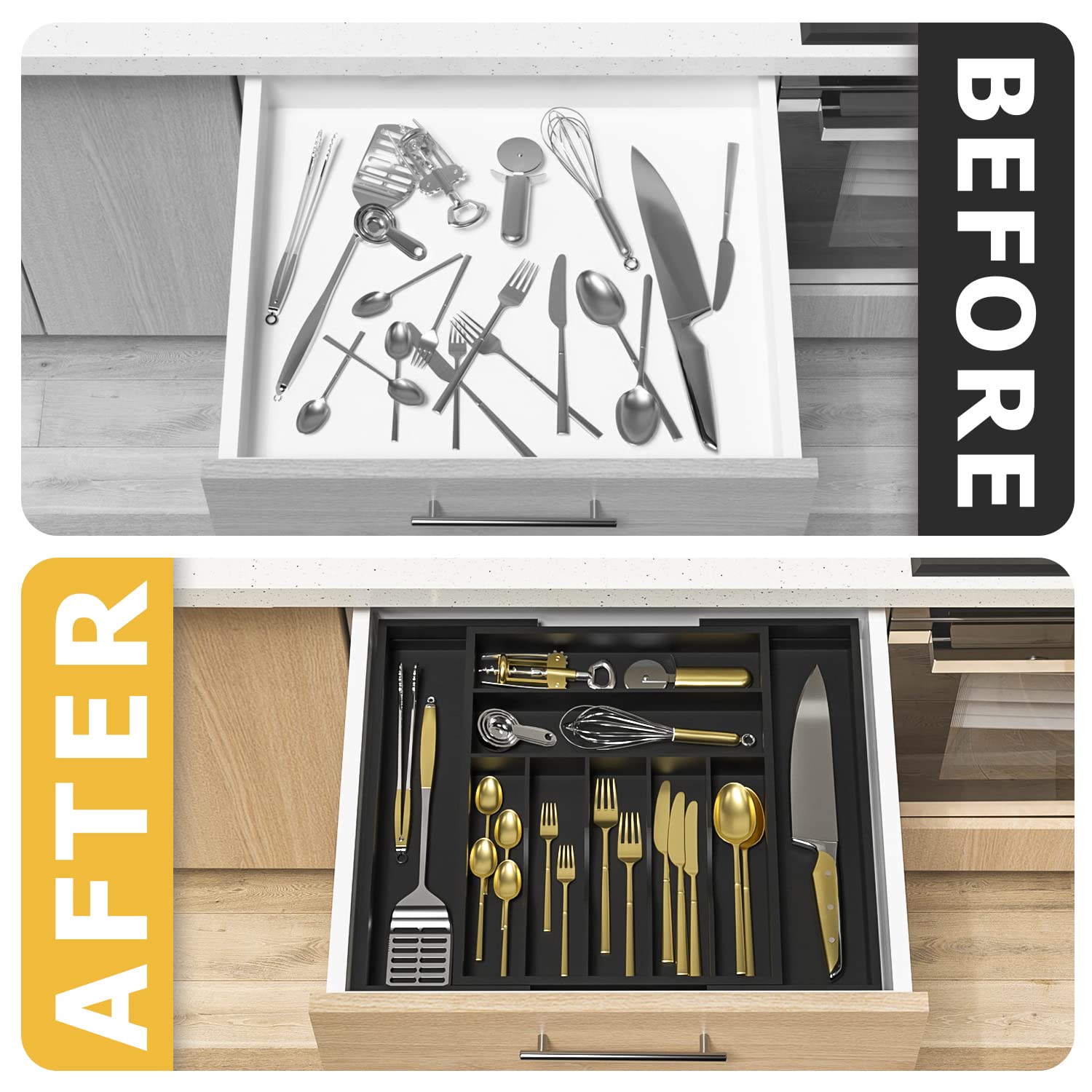 Utensil Organizer Silverware Drawer Organizer - Bamboo Expandable Cutlery Tray With Dividers For Utensil Holder Office Storage M