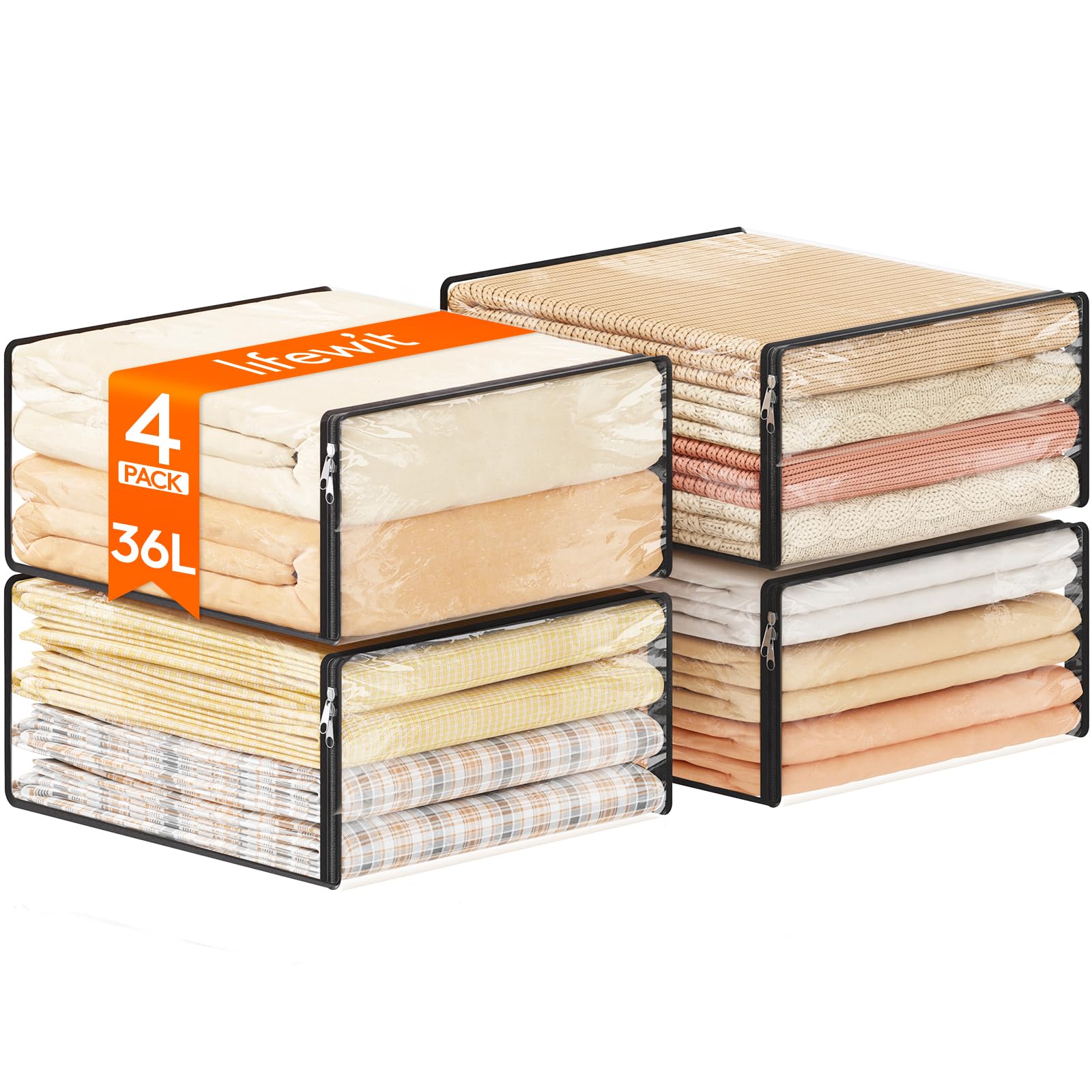 Lifewit 36L Clear Sheet Storage Bags with Zipper 4 Pack, Plastic Sweater Storage Bins for Clothing, Vinyl Foldable Clothes Conta