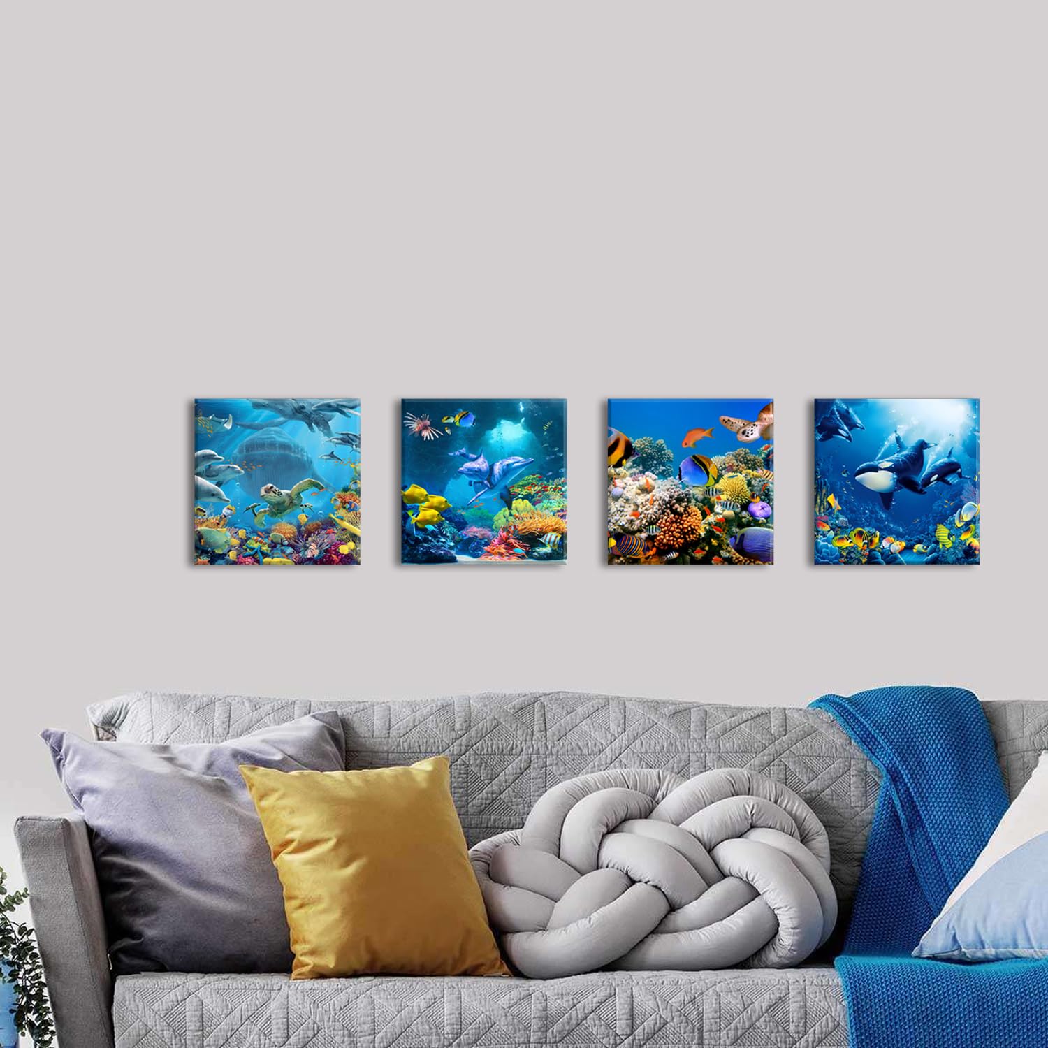 Blue Underwater World Wall Art Ocean Sea Turtle Dolphin Whale Fish Wall Decor For Living Room Coastal Seascape Photo Canvas Prin