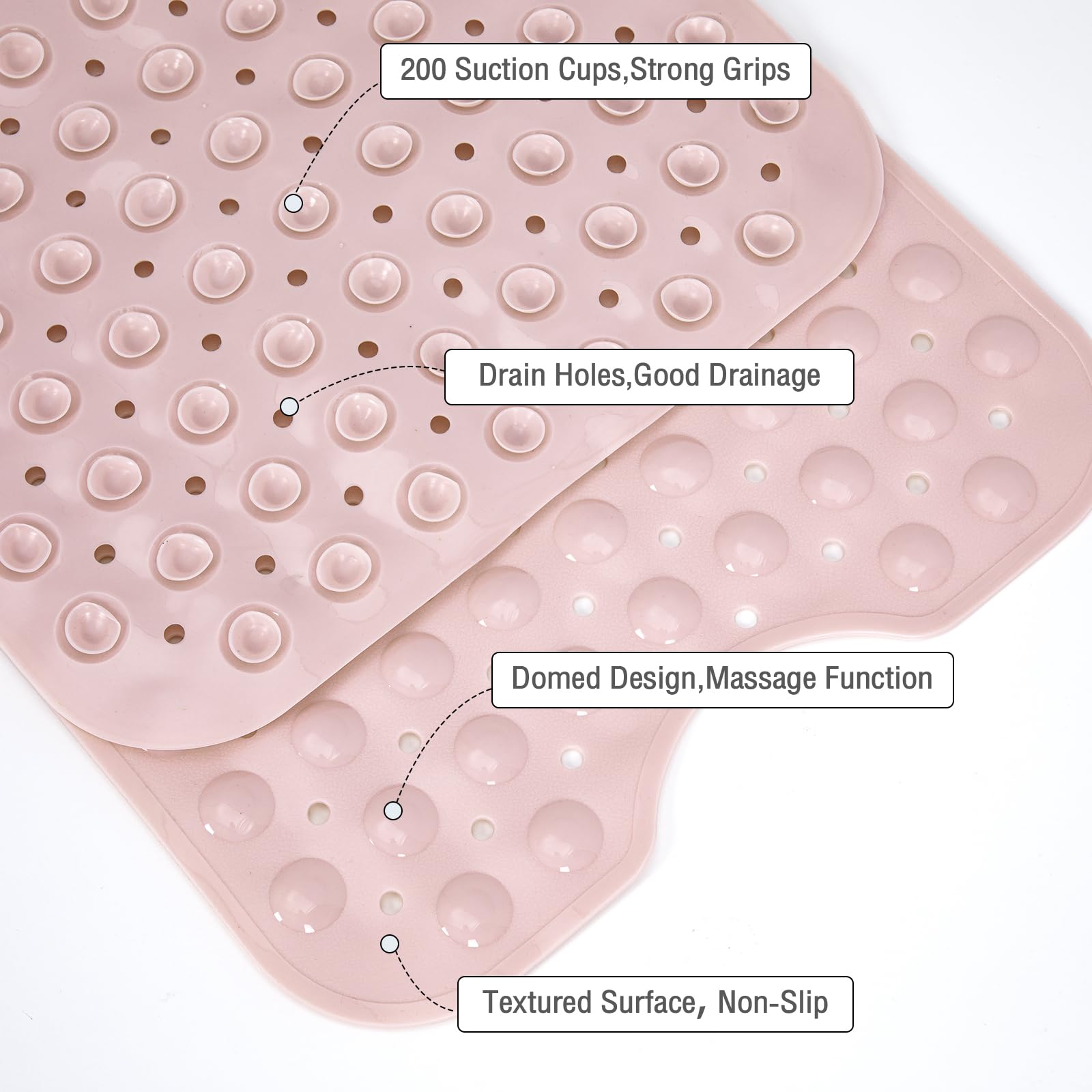 Naoloture Extra Long Pink Bathtub Mat Non Slip, Soft Bath Mat For Tub 40 X 16 Inch Full Size, Bath Tub Shower Mats For Bathroom