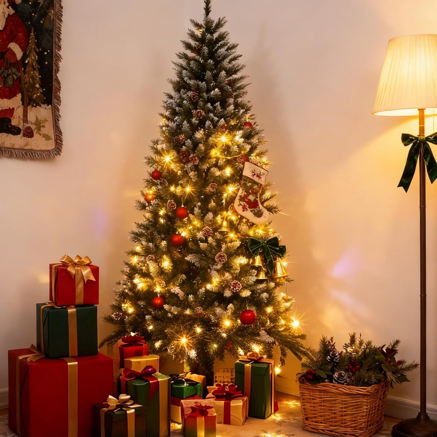 GAOMON 4.5 ft Pre-Lit Christmas Tree with Pine Cones & 150 LEDs & 352 Tips - Hinged Stand PVC Holiday Trees Decor for Home/Offic