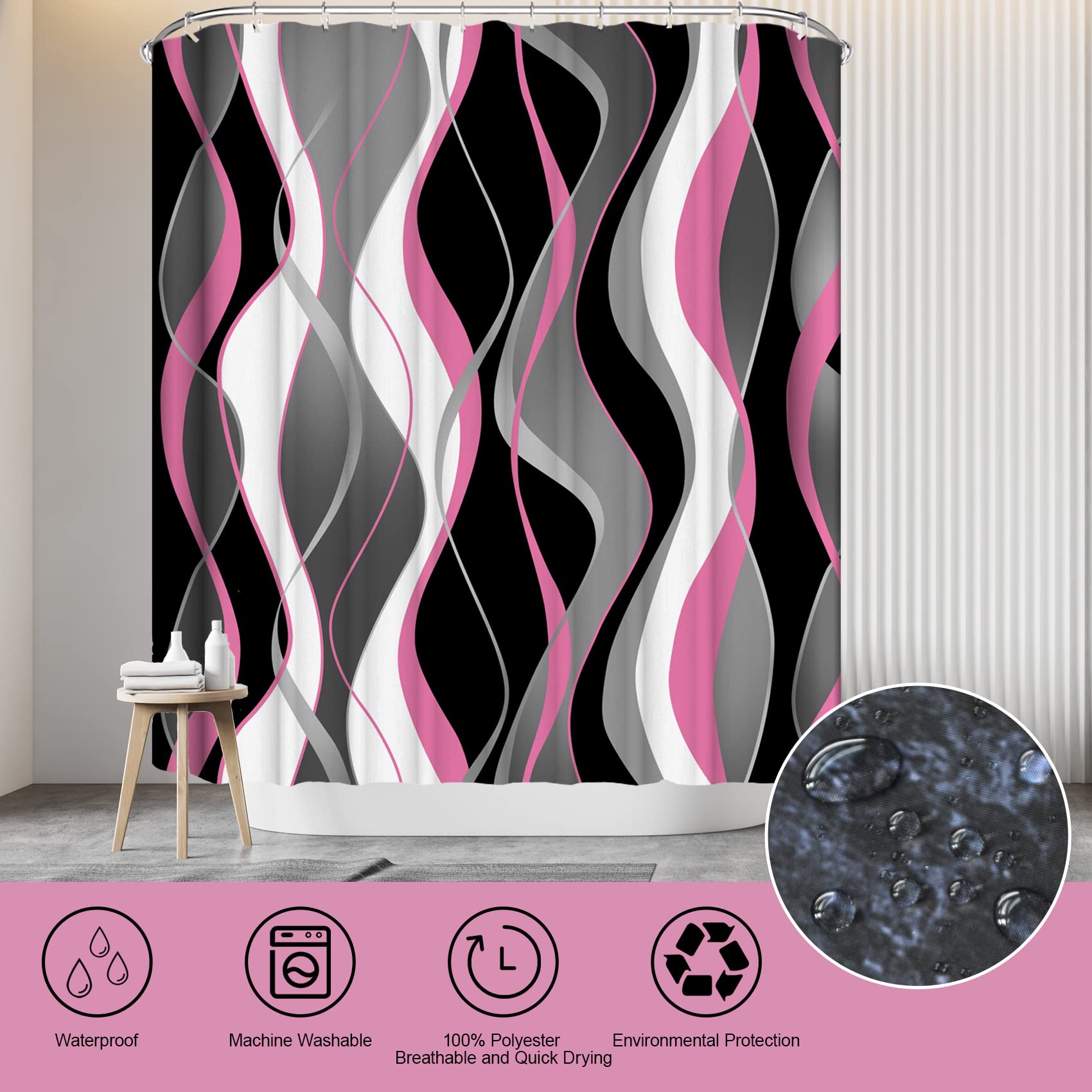 Beifivcl 4Pcs Pink Shower Curtain Sets With Non-Slip Rugs, Toilet Lid Cover And Bath Mat, Black And Gray Bathroom Decor Set Acce