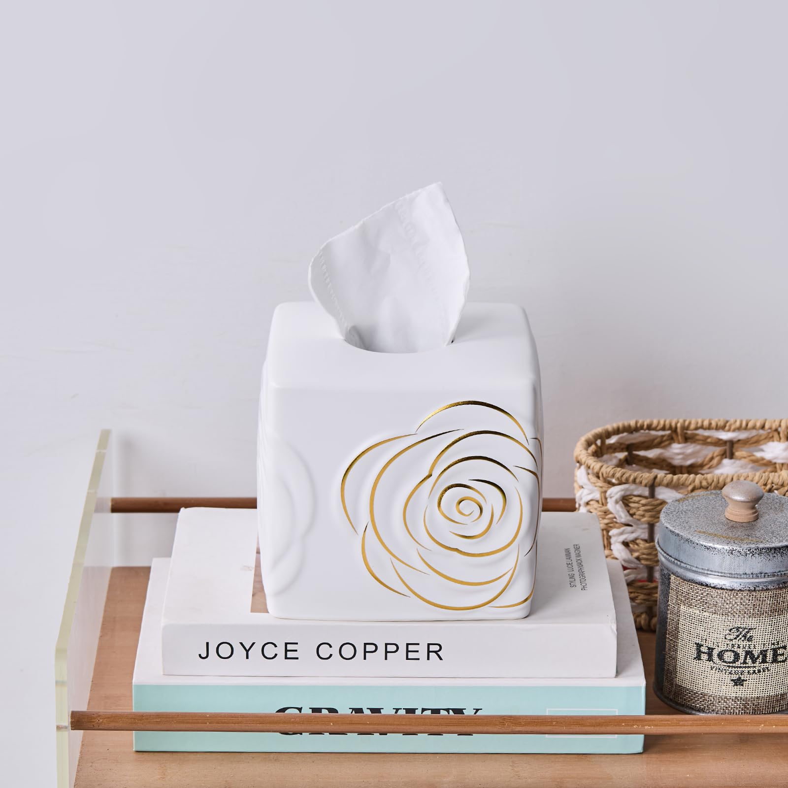 White Ceramic Cube Tissue Box Cover with Gold Rose - Large Elegant Rose Floral Square Decorative Tissue Box Holder for Bathroom,