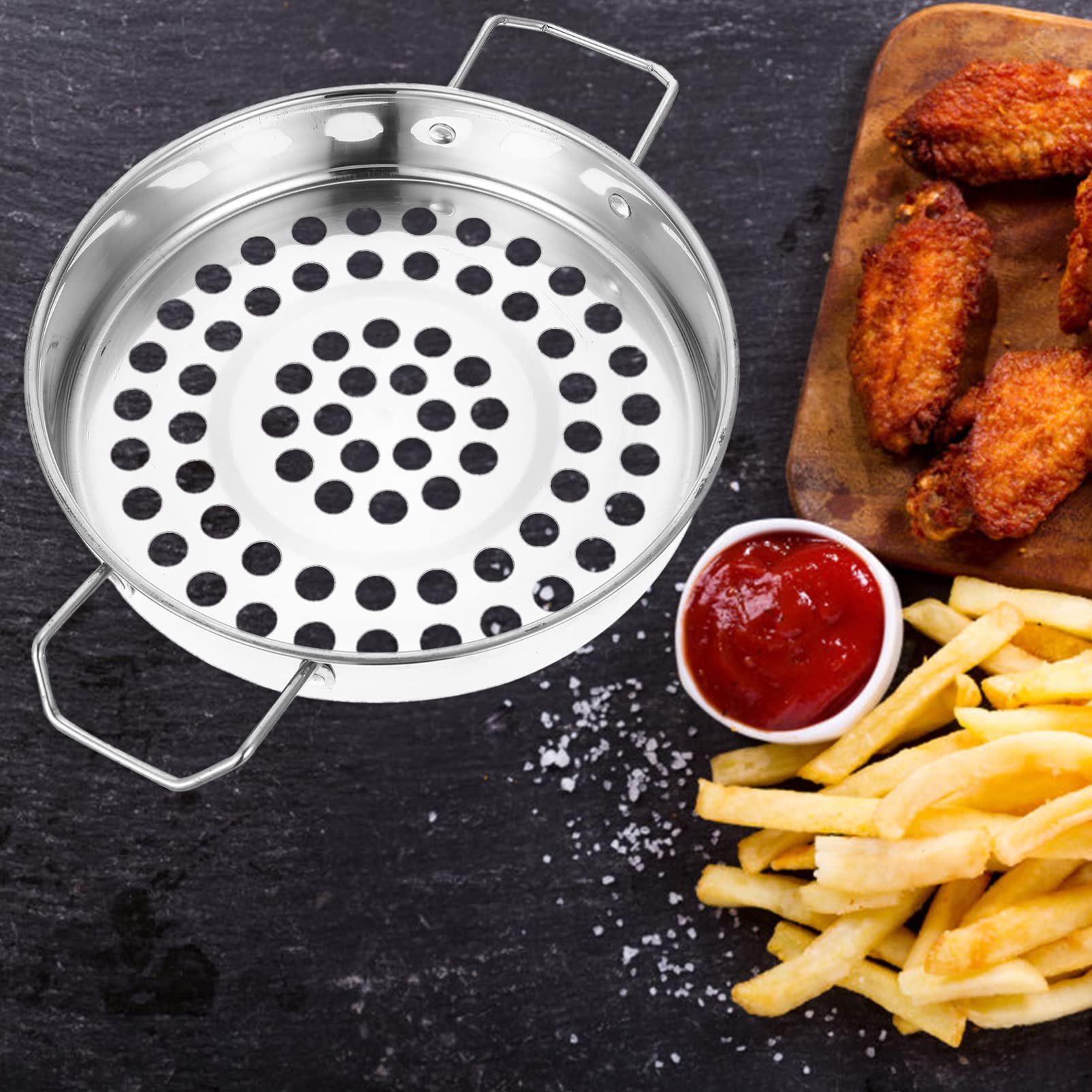 Housoutil Stainless Steel Colander Strainer - Big Hole Design, 28.5x20.5x3.5CM, Silver, Ideal for Spaghetti, Noodles, Vegetables,