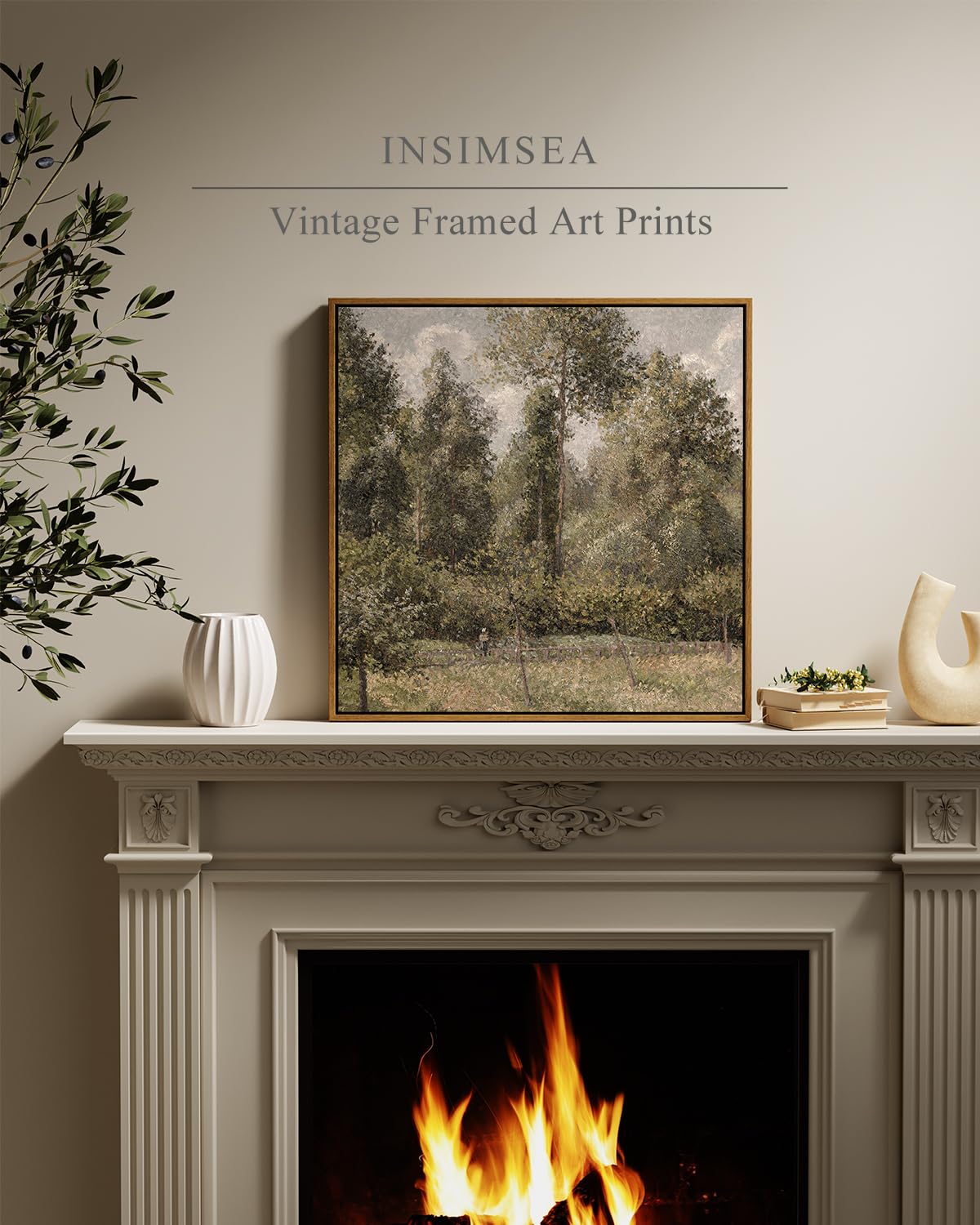 Insimsea Square Framed Canvas Wall Art, Large Decor Poplars In Garden Paintings, Classical Nature Wall Pictures For Bedroom Bath
