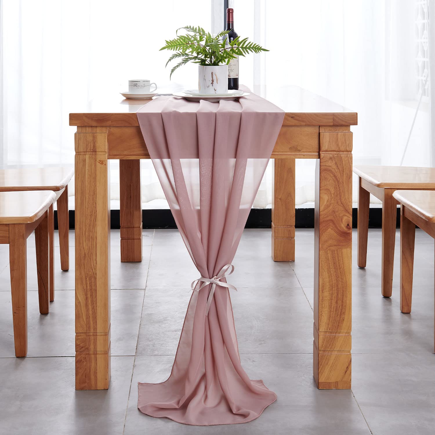 Delovo 2Packs Dusty Rose Chiffon Table Runner 27X120 Inches Long Sheer Fabric Table Runner For Wedding Party Banquets Bridal Hom