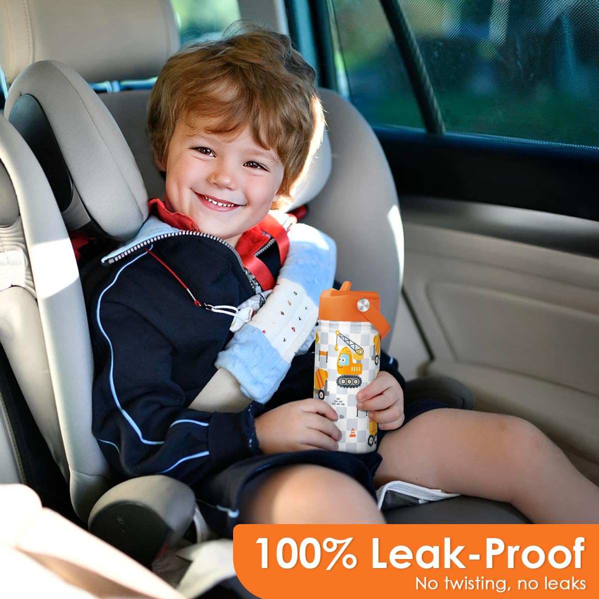Construction Kids Water Bottle With Straw Lid 12oz Insulated Stainless Steel, Truck Travel Tumbler, Gifts For Boys, Birthday, Ch