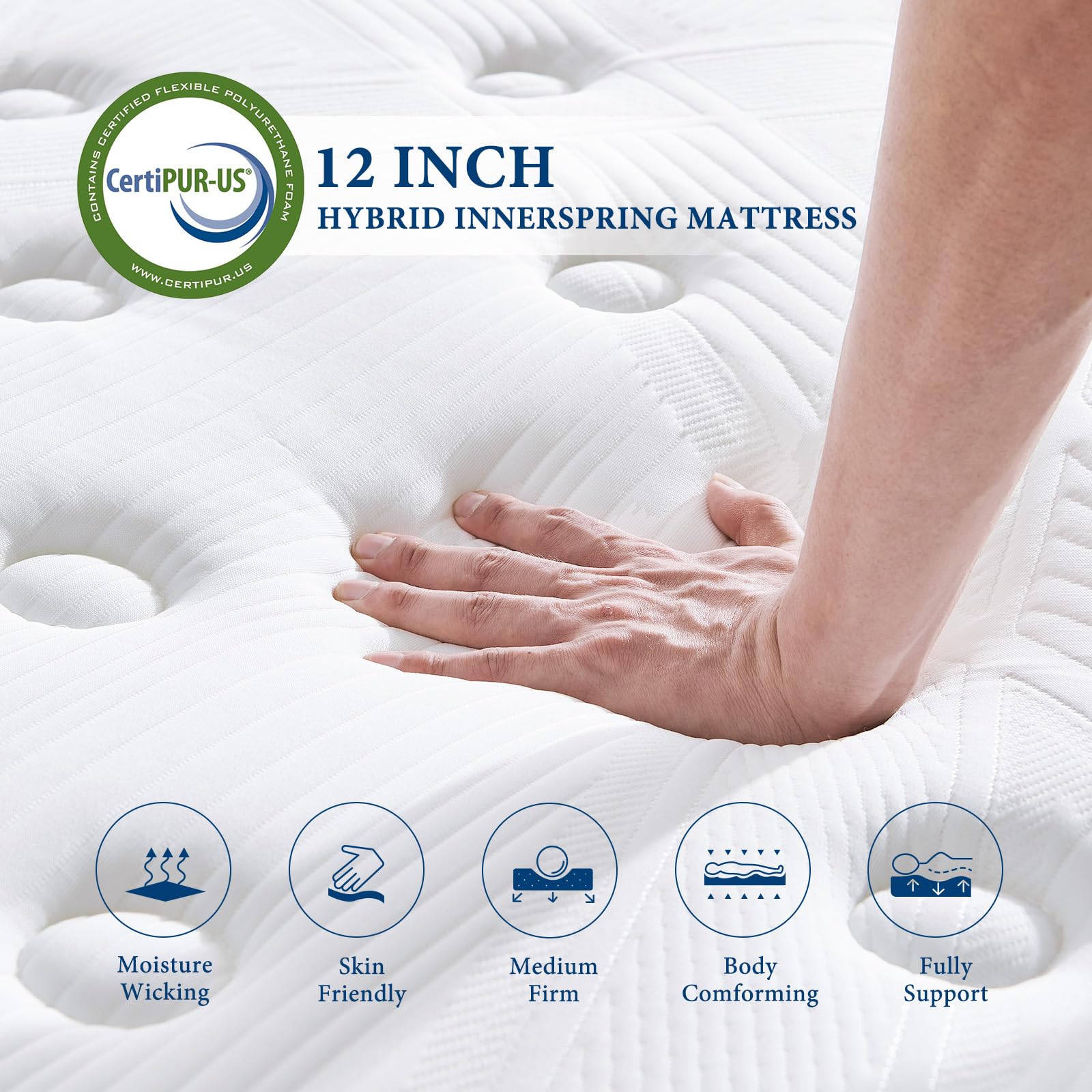 Coolvie Mattress Full Size, 12 Inch Full Size Mattress In A Box, Hybrid Full Mattress Individual Pocket Springs Full Mattress Wi