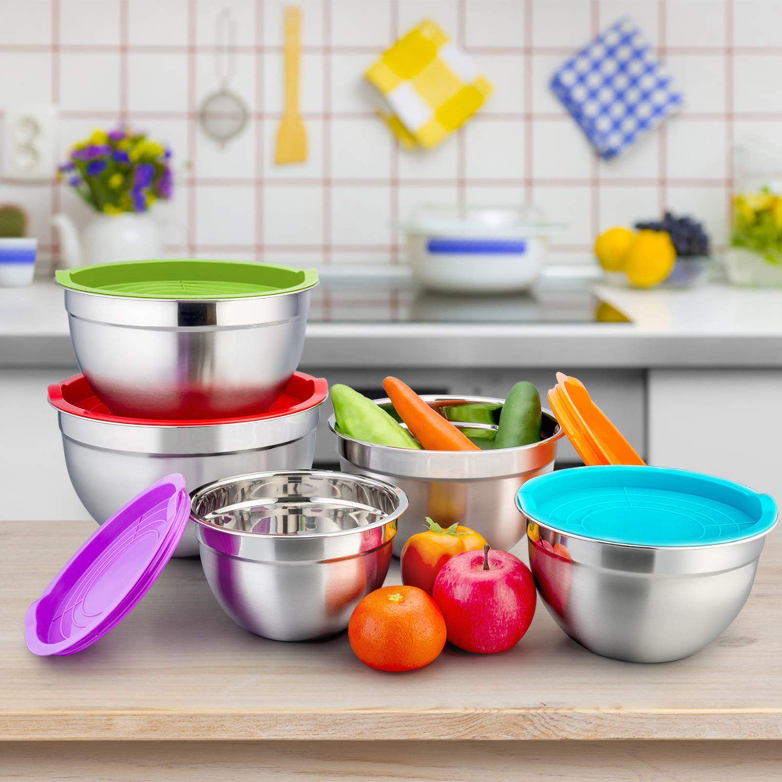 P&P Chef Mixing Bowl With Lid Set Of 5, 10-Piece Stainless Steel Nesting Salad Bowl Set For Prepping, Mixing And Serving, Size 4