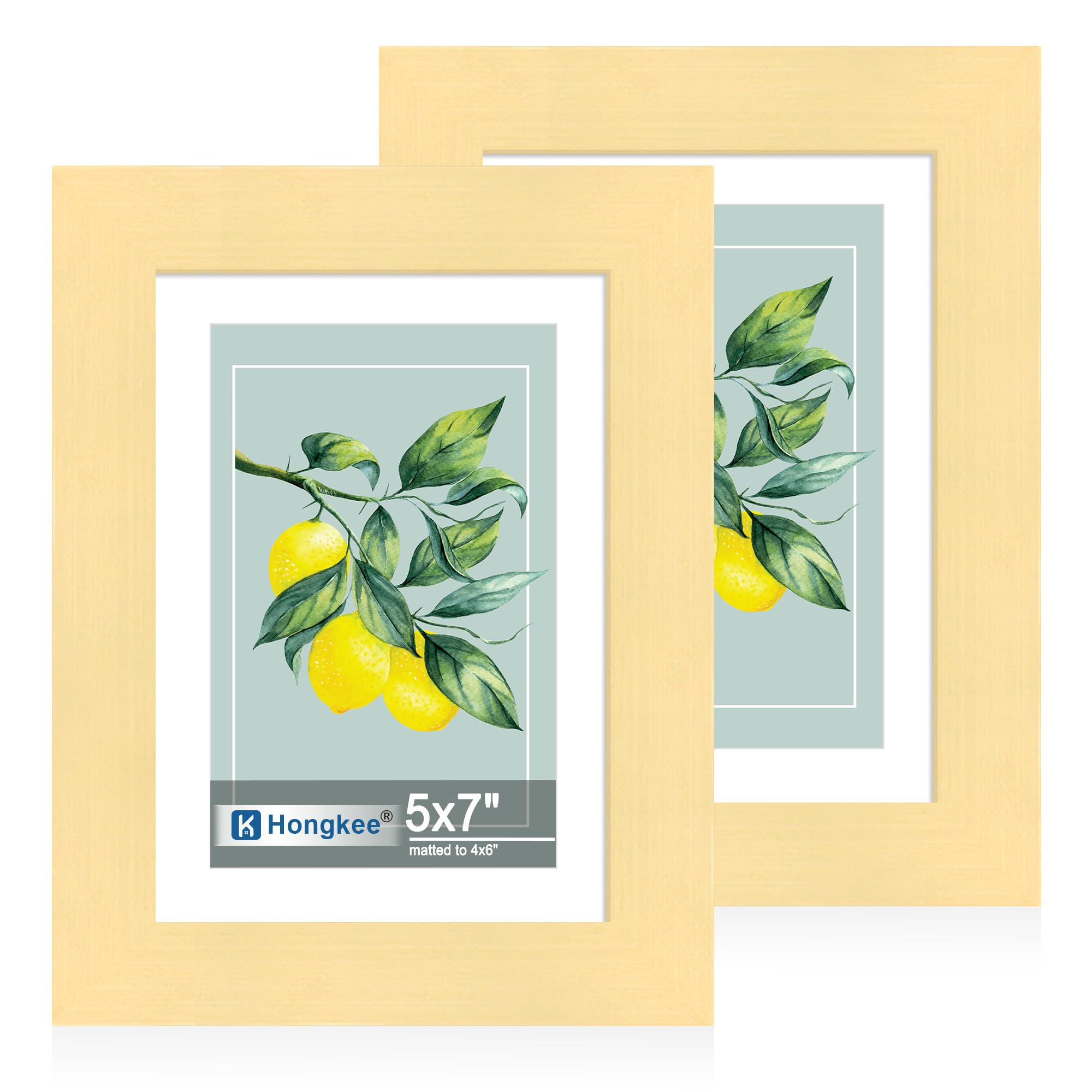 Hongkee 5x7 Picture Frame Set of 2, Made of Real Glass and Gold Wooden Frame - Display Pictures 4x6 with Mat or 5x7 Without Mat,