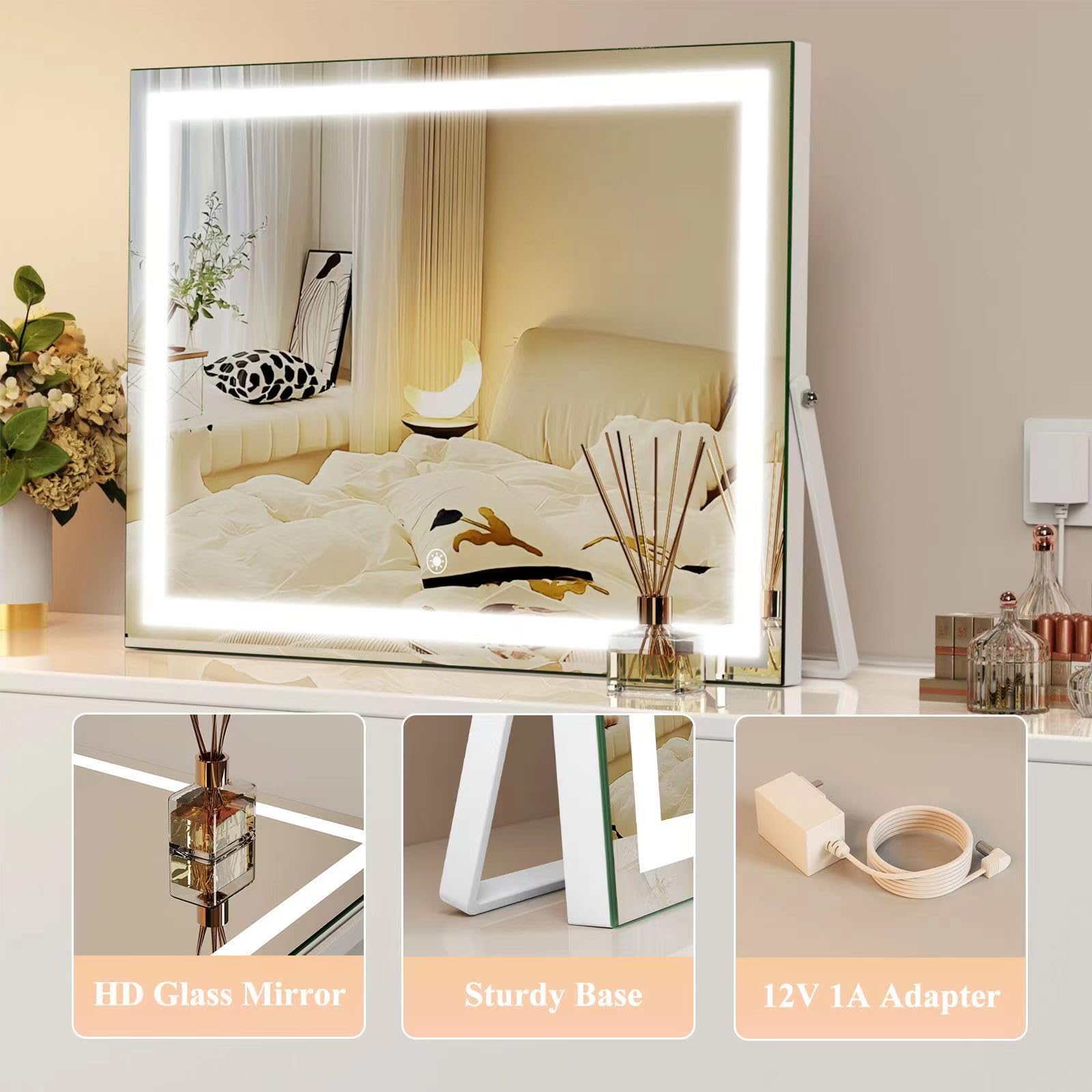 Gvnkvn Ligheted Vanity Mirror With Lights, 14'' X 10'' Led Makeup Mirror, 3 Modes Light, Smart Touch Control Dimmable, 360Rotati