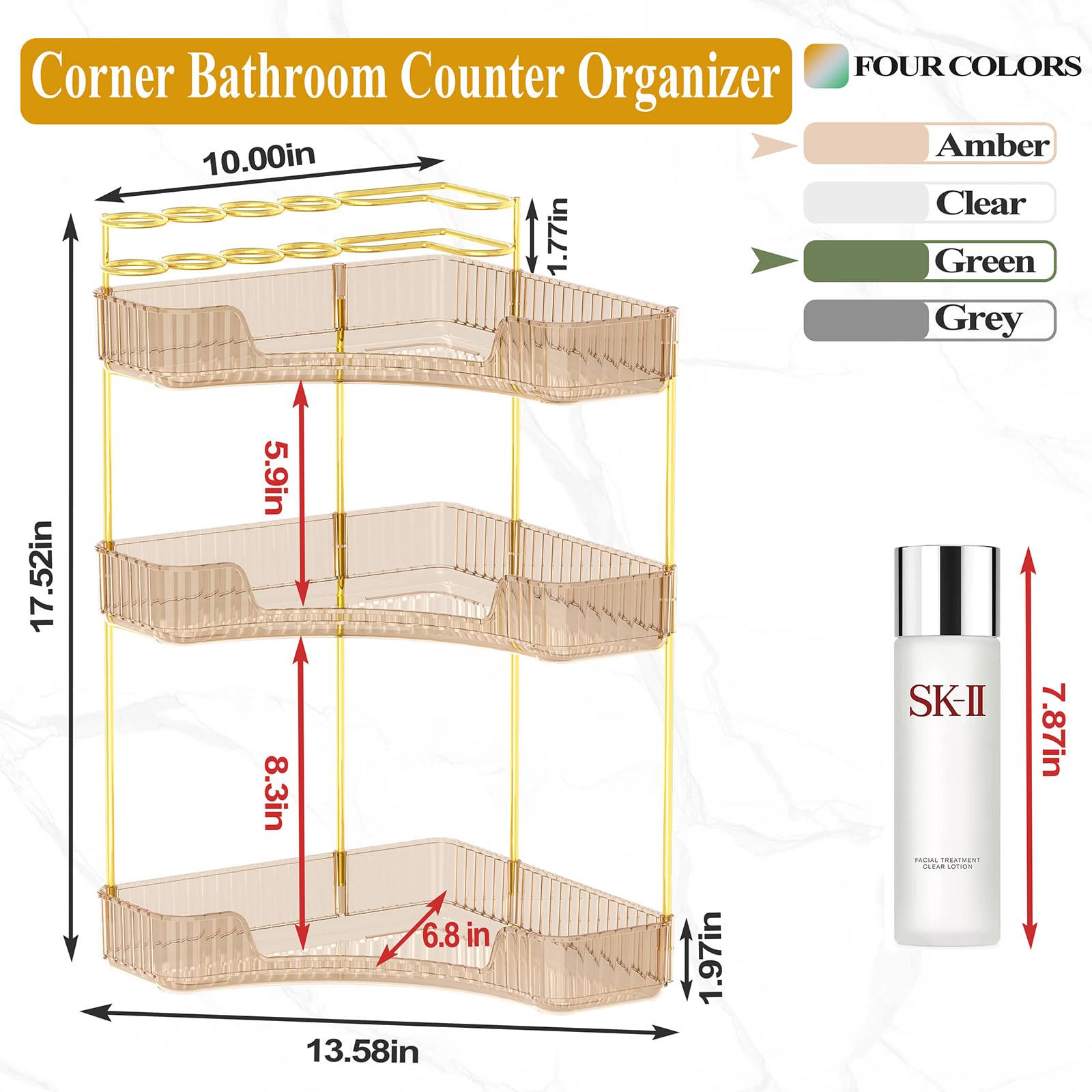 Sunzos Corner Bathroom Counter Organizer, 3-Tier Countertop Perfume Tray Organizer With Makeup Brush Holder, Vanity Makeup Cosme
