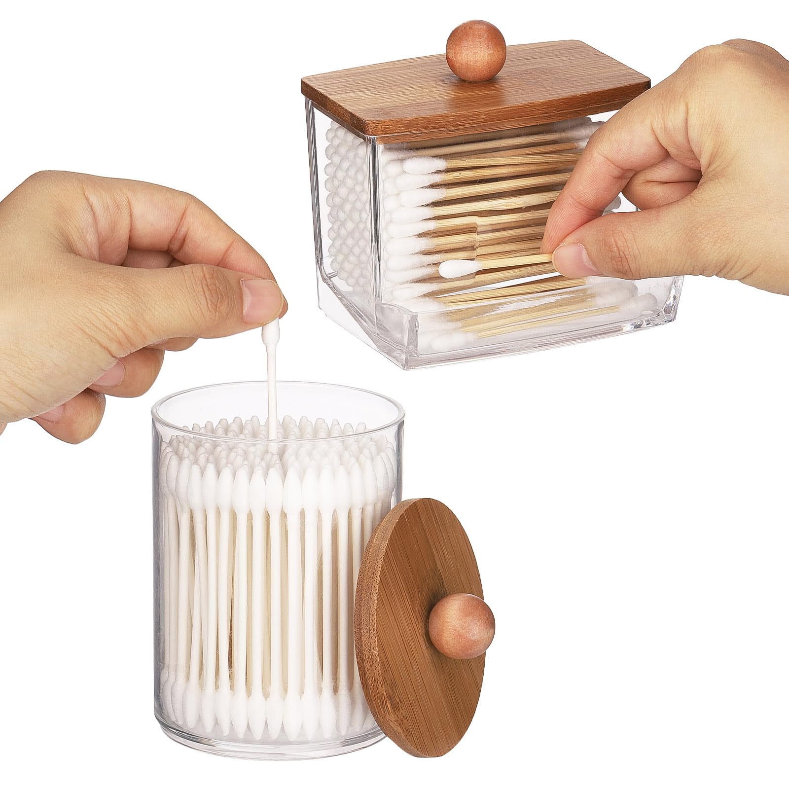Tbestmax Qtips Holder Dispenser, 10/7 Oz Cotton Ball/Swabs Storage Containers, Apothecary Jars For Bathroom Organizer Bambooo Li