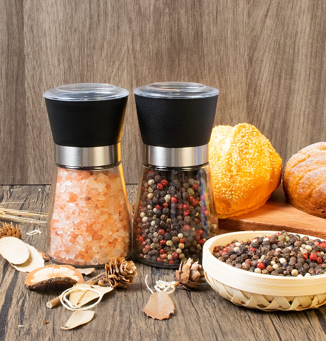 ErrandsHelper Salt and Pepper Grinder Set, Refillable Glass Shakers, 2.5" x 5.1", Clear - S&PGS Model