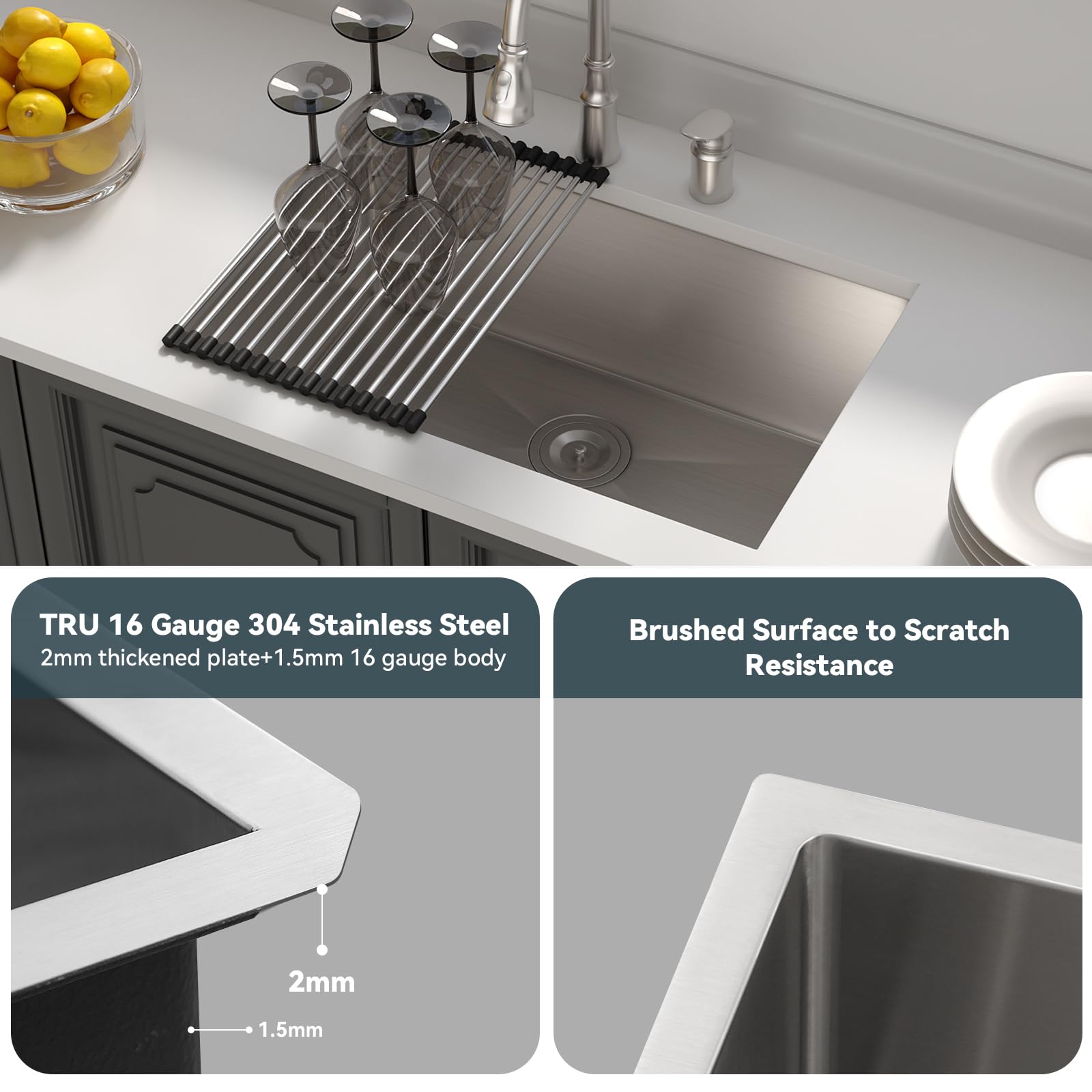 Lordear Undermount Kitchen Sinks 26 Inch Stainless Steel Single Bowl Kitchen Sink Undermount 16 Gauge 10'' Deep Basin 26X18 In U
