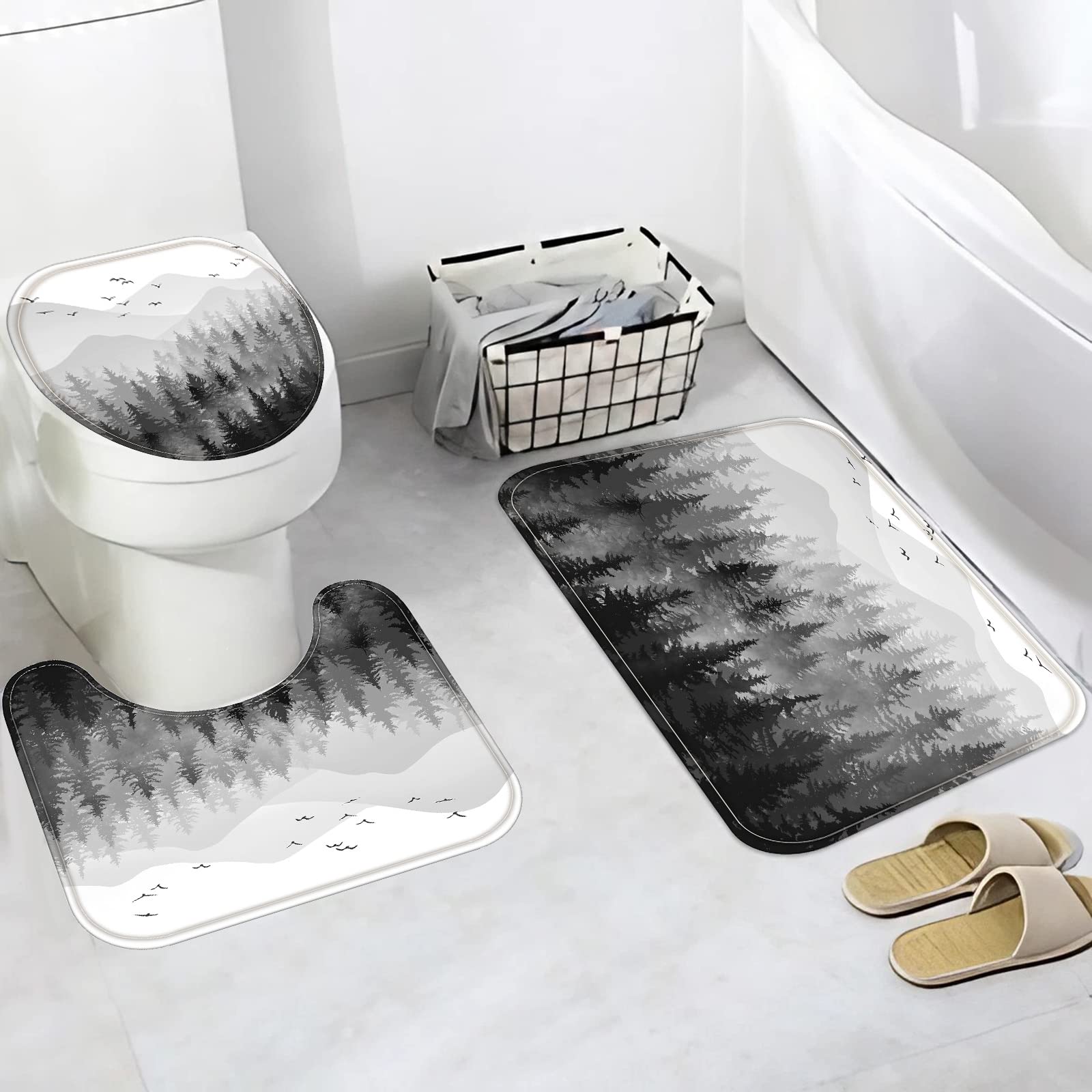 Fungarth 4 Pcs Black White Misty Forest Shower Curtain Set With Rug Mountain Bathroom Sets With Waterproof Fabric Shower Curtain
