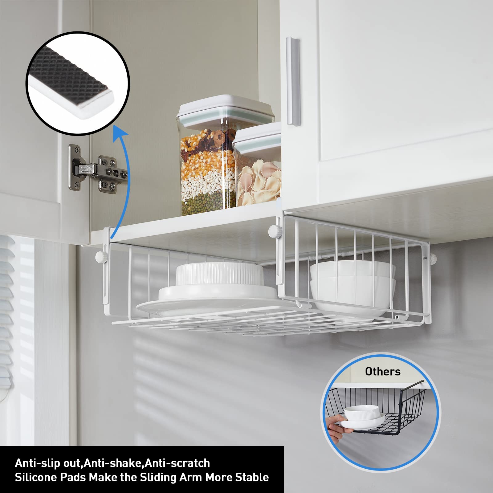 Amonhouseware 2 Pack Hanging Under Shelf Storage Basket,Adjustable Under Cabinet Add-On Storage Racks Slide-In Baskets Organizer