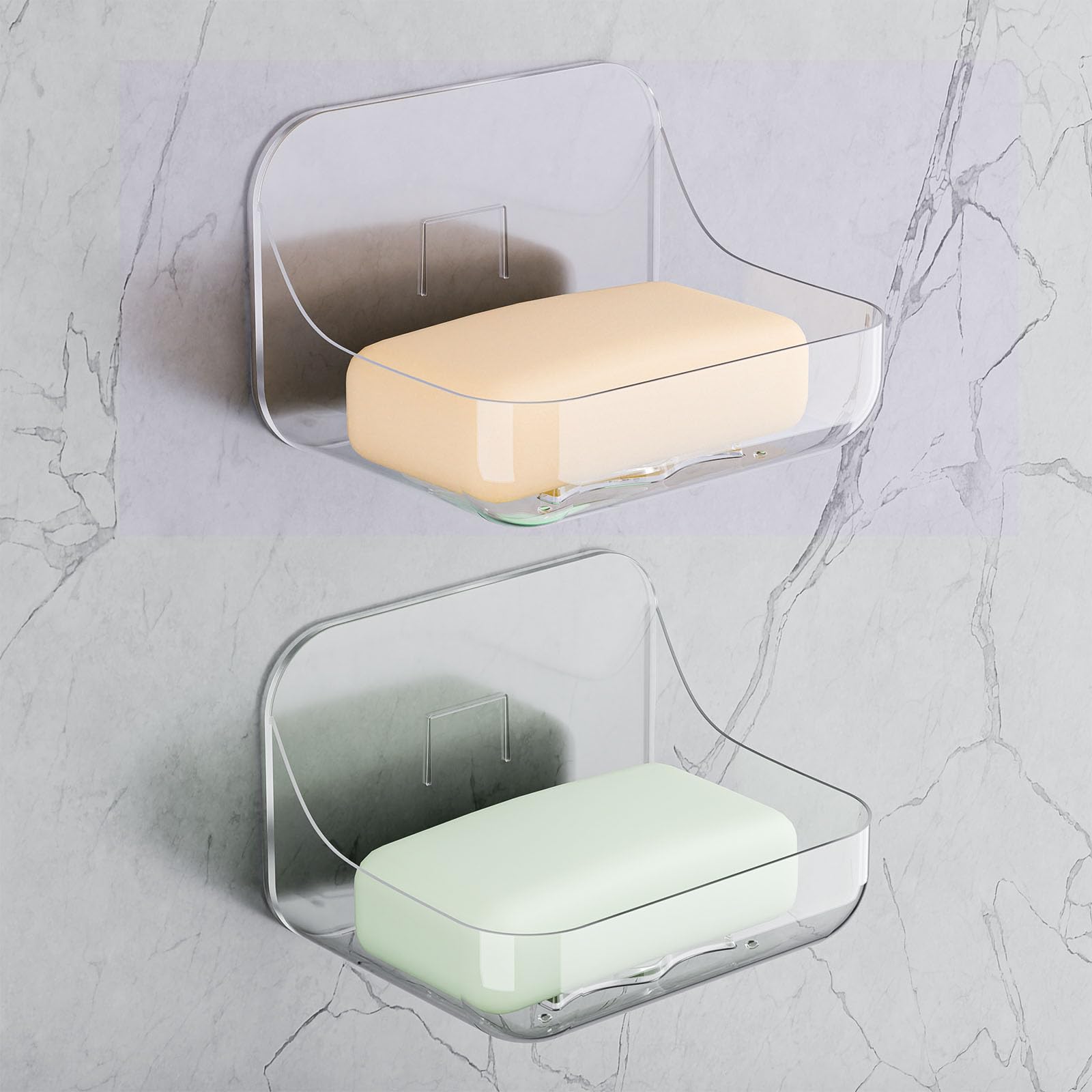 FEPTUASE Acrylic Soap Dish, 2 Pcs Clear Self Draining Soap Holder, No Drilling, No Tool, Universal and Aesthetics, Waterproof, P