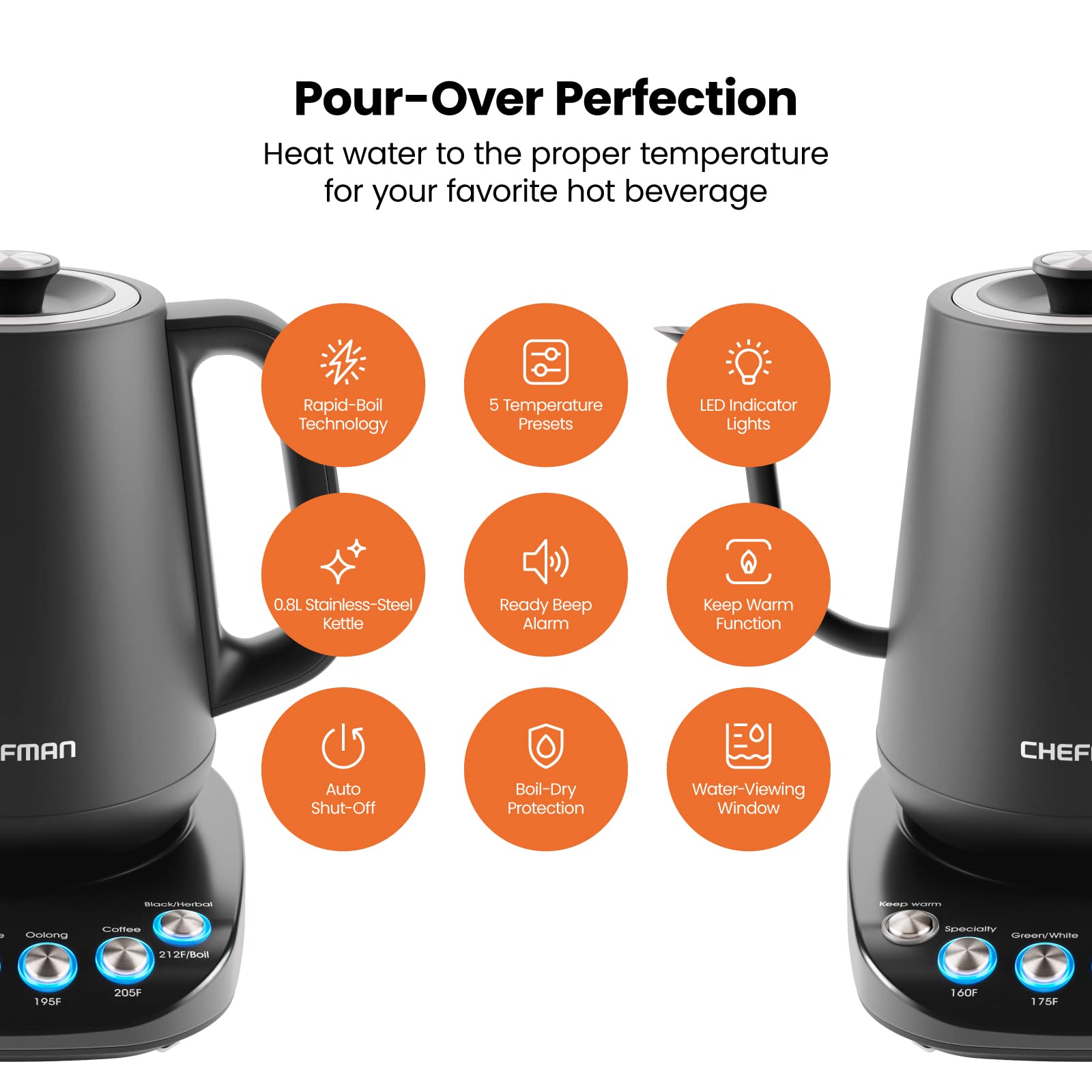 Chefman Truetemp Precision Control Gooseneck Kettle, Internal Custom Temperature Control And 6 One-Touch Presets, Boil-Dry Prote